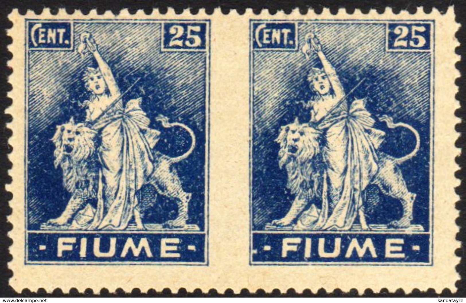 1919  25c Blue With HORIZ IMPERF PAIR IMPERF BETWEEN Variety, Type A, Toned Paper, Sassone A38f, Fine Mint, Centred To T - Fiume