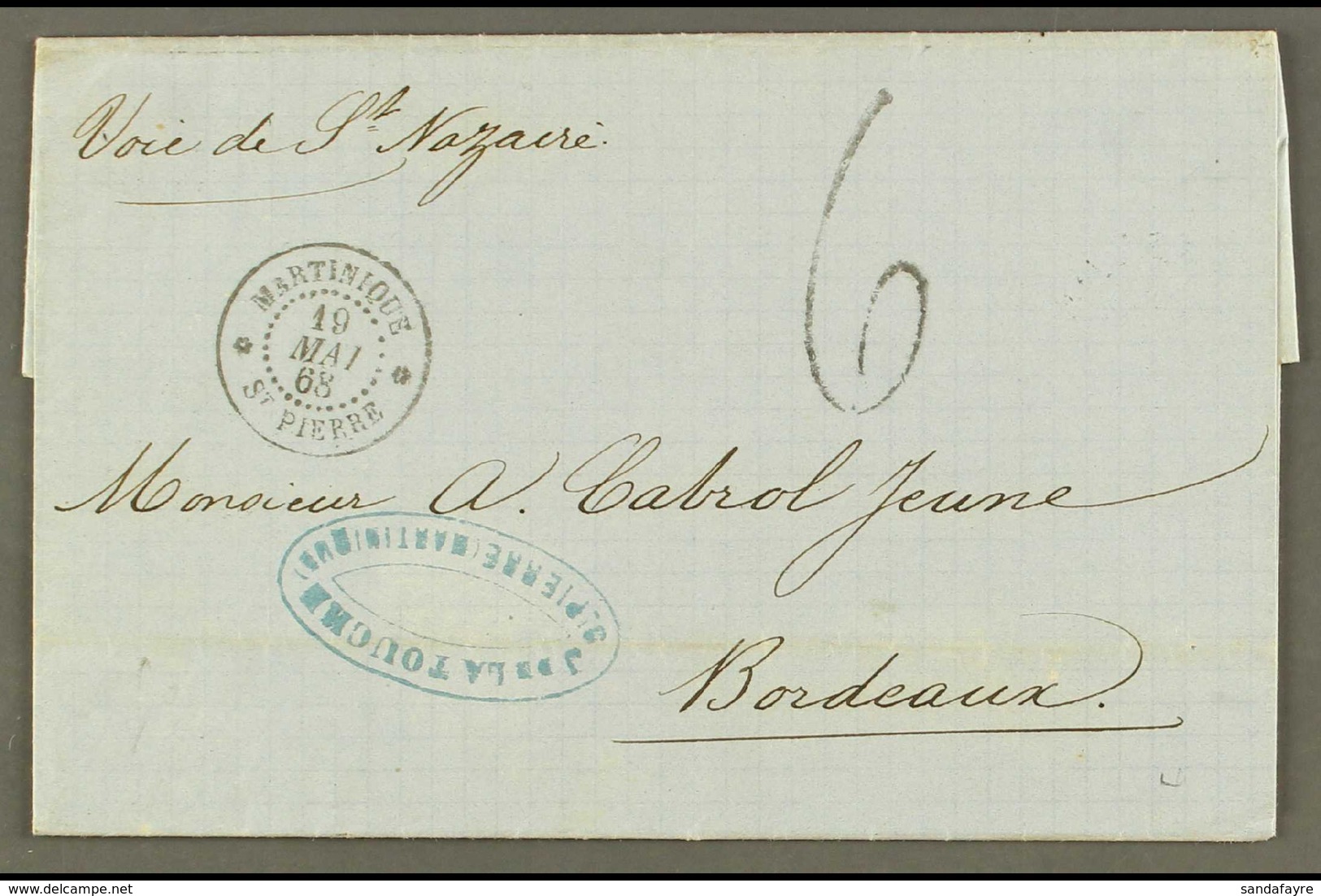 MARTINIQUE  1868 (19 May) Stampless Entire Letter To France, Endorsed 'voie St Nazaire', Bearing "At Pierre, Martinique" - Autres & Non Classés