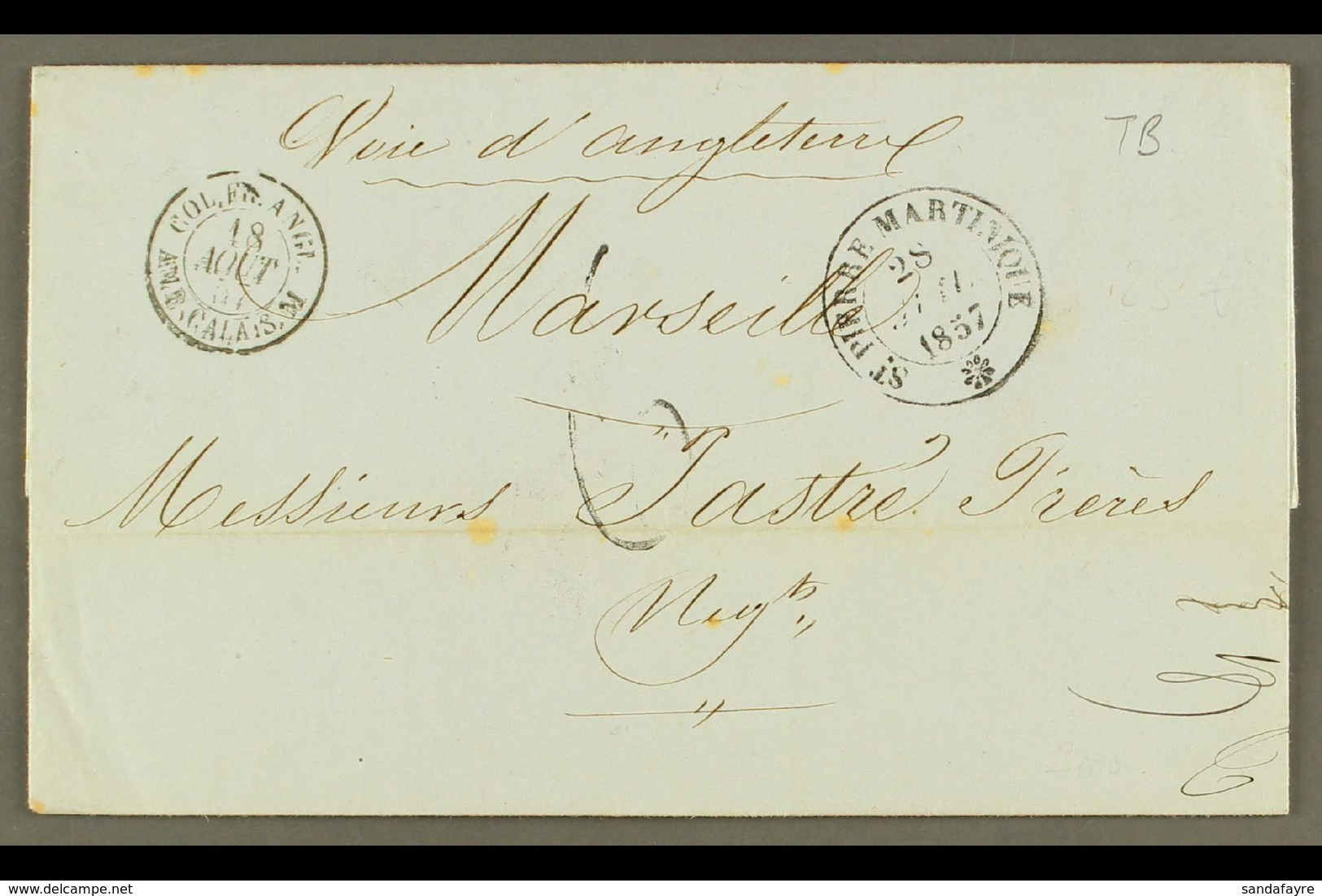 MARTINIQUE  1857 (28 July) Stampless Entire Letter To France, Endorsed 'voie D'Angleterre', Bearing "St Pierre, Martiniq - Altri & Non Classificati