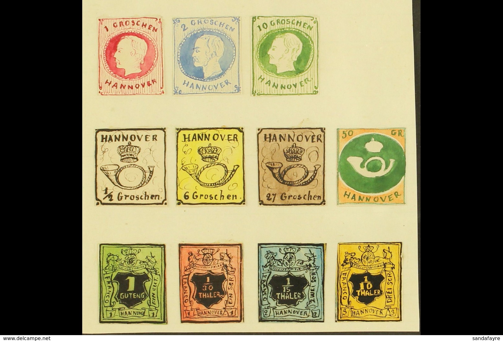 1861 HAND PAINTED STAMPS  Unique Miniature Artworks Created By A French "Timbrophile" In 1861. HANOVER With Colourful In - Andere & Zonder Classificatie