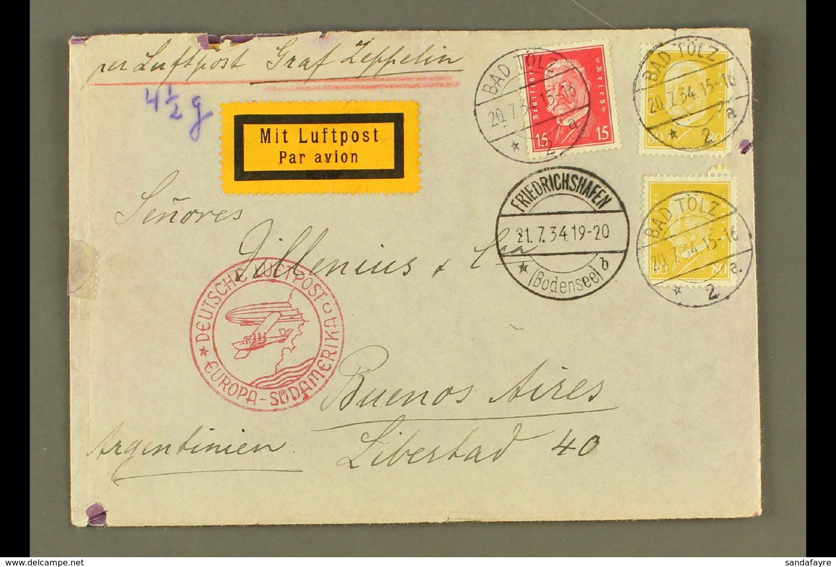 1934 COMMERCIAL ZEPPELIN COVER TO ARGENTINA  Bearing Germany 15pf Plus 80pf X2, These Each Tied By Bad Tolz Cds's Of 20. - Andere & Zonder Classificatie