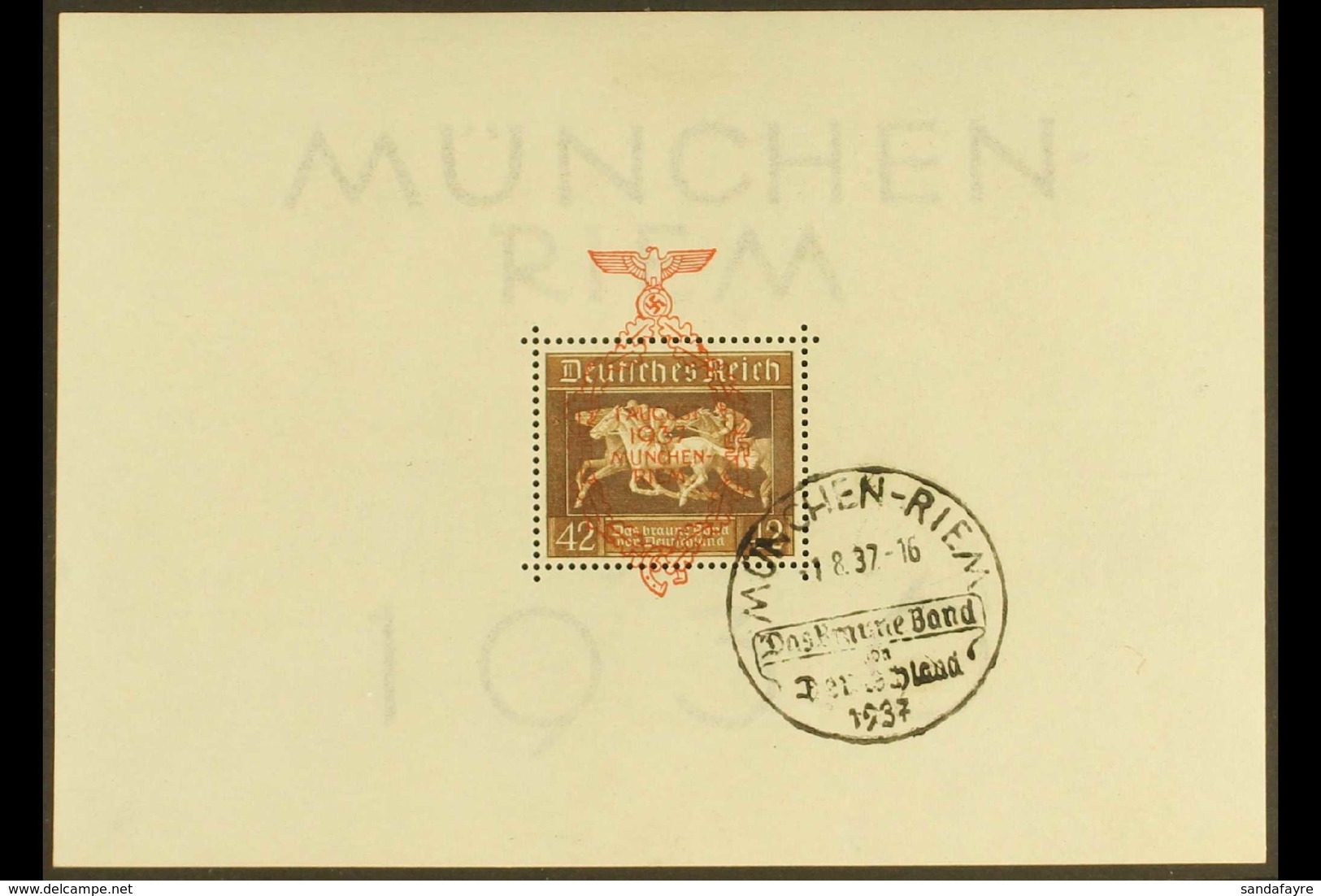 1937  "Brown Ribbon Of Germany" Miniature Sheet (Mi Block 10, SG MS637a) Used With "Munchen-Riem" Special Cancel. For Mo - Altri & Non Classificati