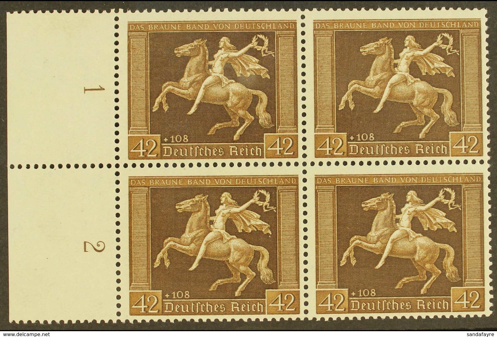 1938  42pf Brown Brown Ribbon (Michel 671y, SG 659), Superb Mint (three Stamps Are Never Hinged) Left Marginal BLOCK Of  - Altri & Non Classificati