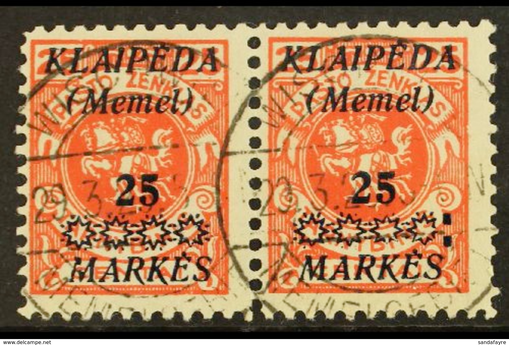 1923  25m On 25c Vermilion Overprint (Michel 137, SG 14), Fine Cds Used Horiz PAIR, The Right Stamp With 'Colon After St - Otros & Sin Clasificación