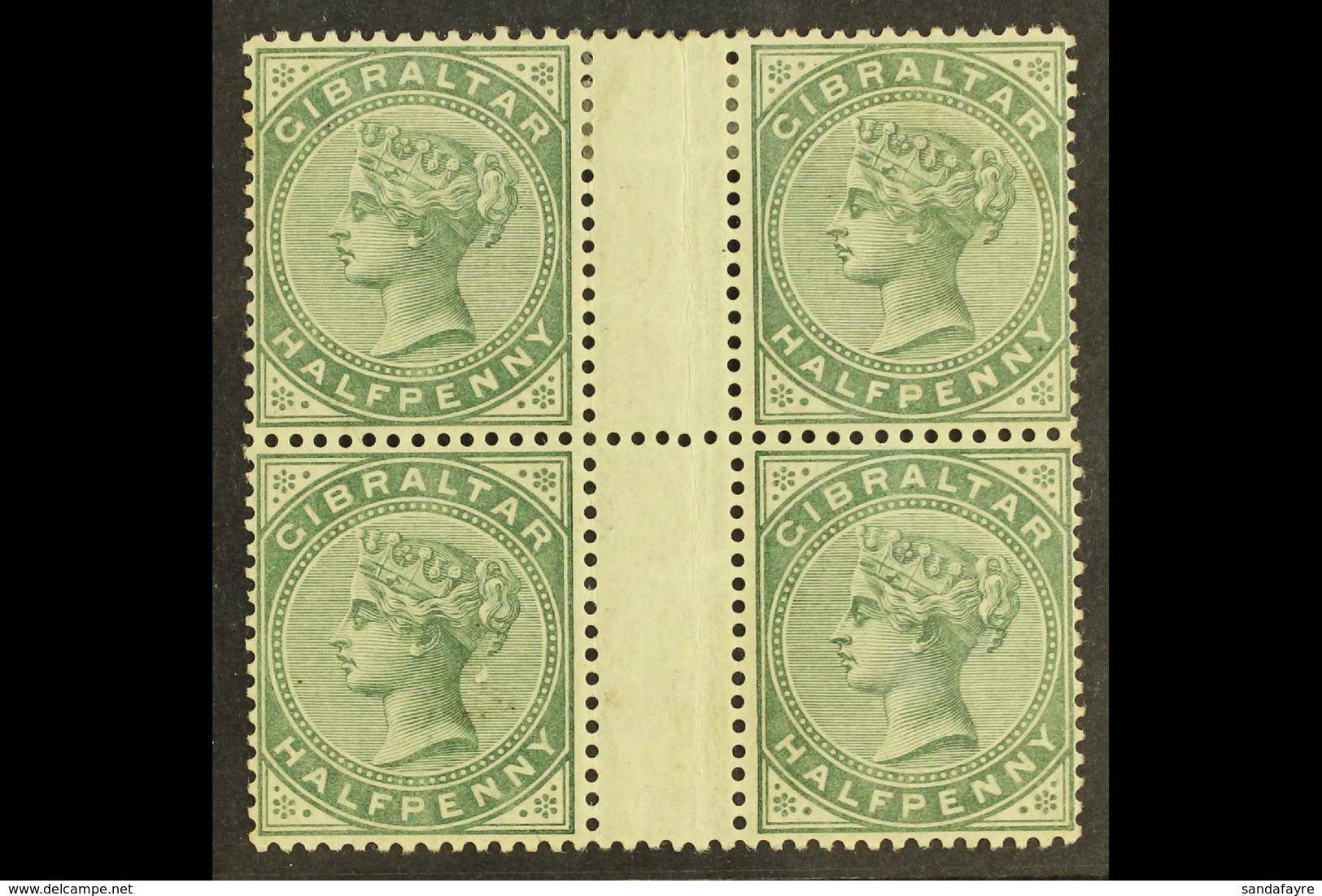 1898  ½d Grey-green, Wmk Crown CA, SG 39, Fine Mint GUTTER BLOCK Of 4, Folded Down Gutter Margin, Scarce Format. For Mor - Gibraltar