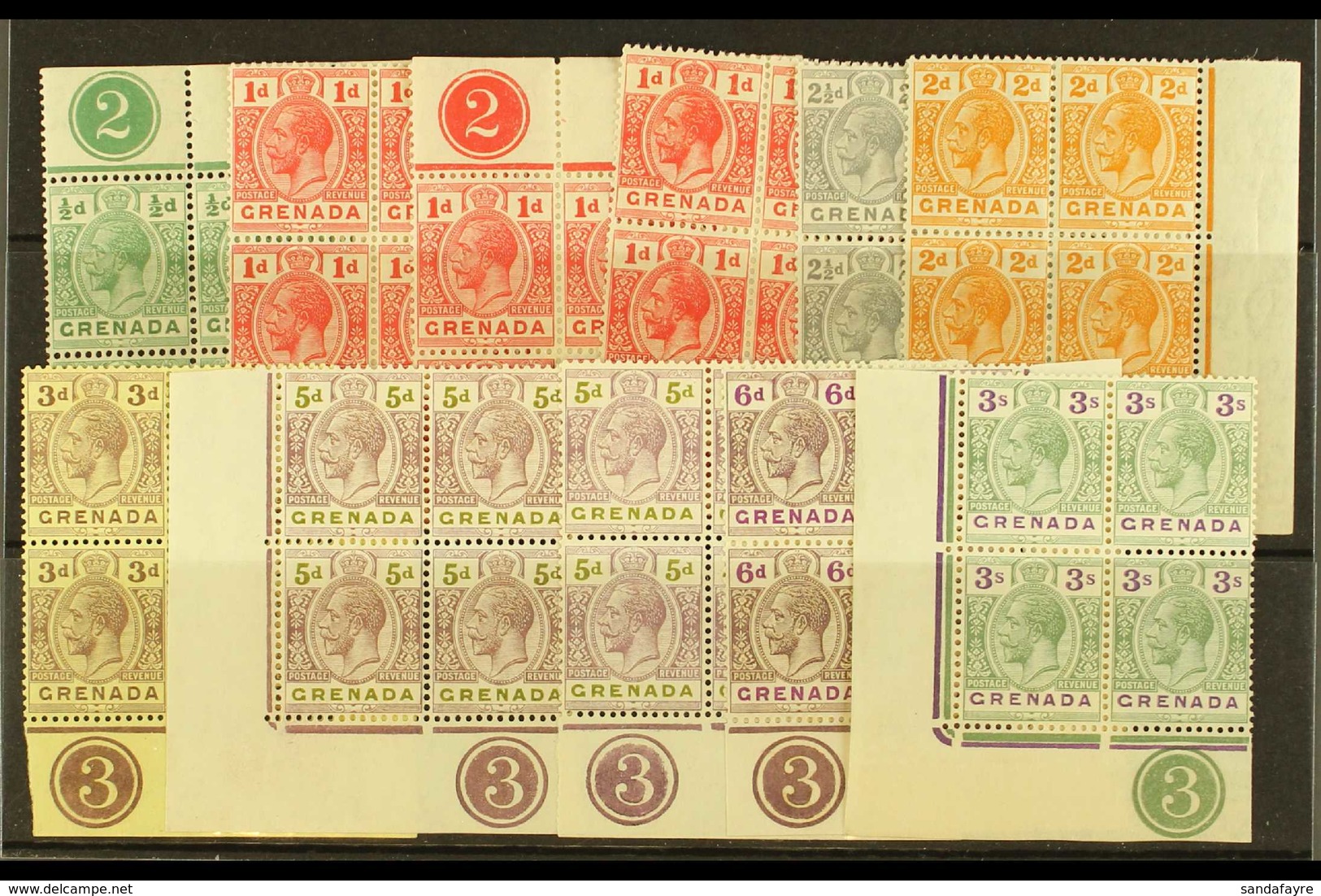 1921-32  Selection Of Wmk Script CA CONTROL BLOCKS OF 4, Incl. ½d, 1d X3, 2d, 2½d, 3d, 5d X2, 6d & 3s, Between SG 112/25 - Grenada (...-1974)