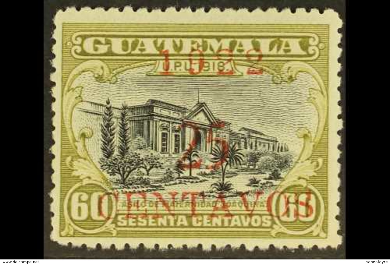 1922  (March) 25c On 60c Black & Olive-green SURCHARGE IN RED Variety (Scott 182, SG 177b), Never Hinged Mint, Fresh. Fo - Guatemala