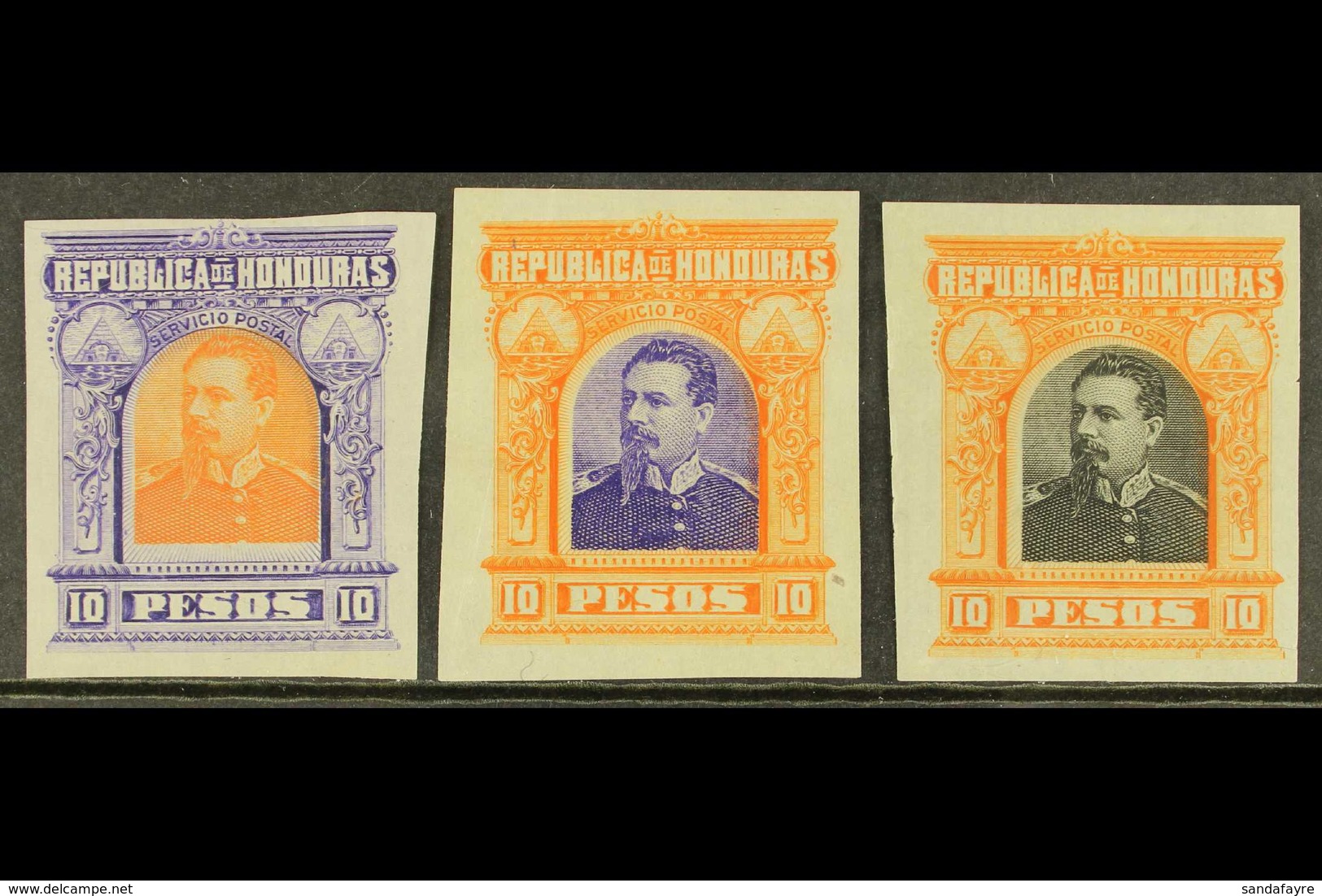 1891  10p President Brogan Large Design (as SG 69) - Three IMPERF PLATE PROOFS Printed In Different Colour Combinations  - Honduras