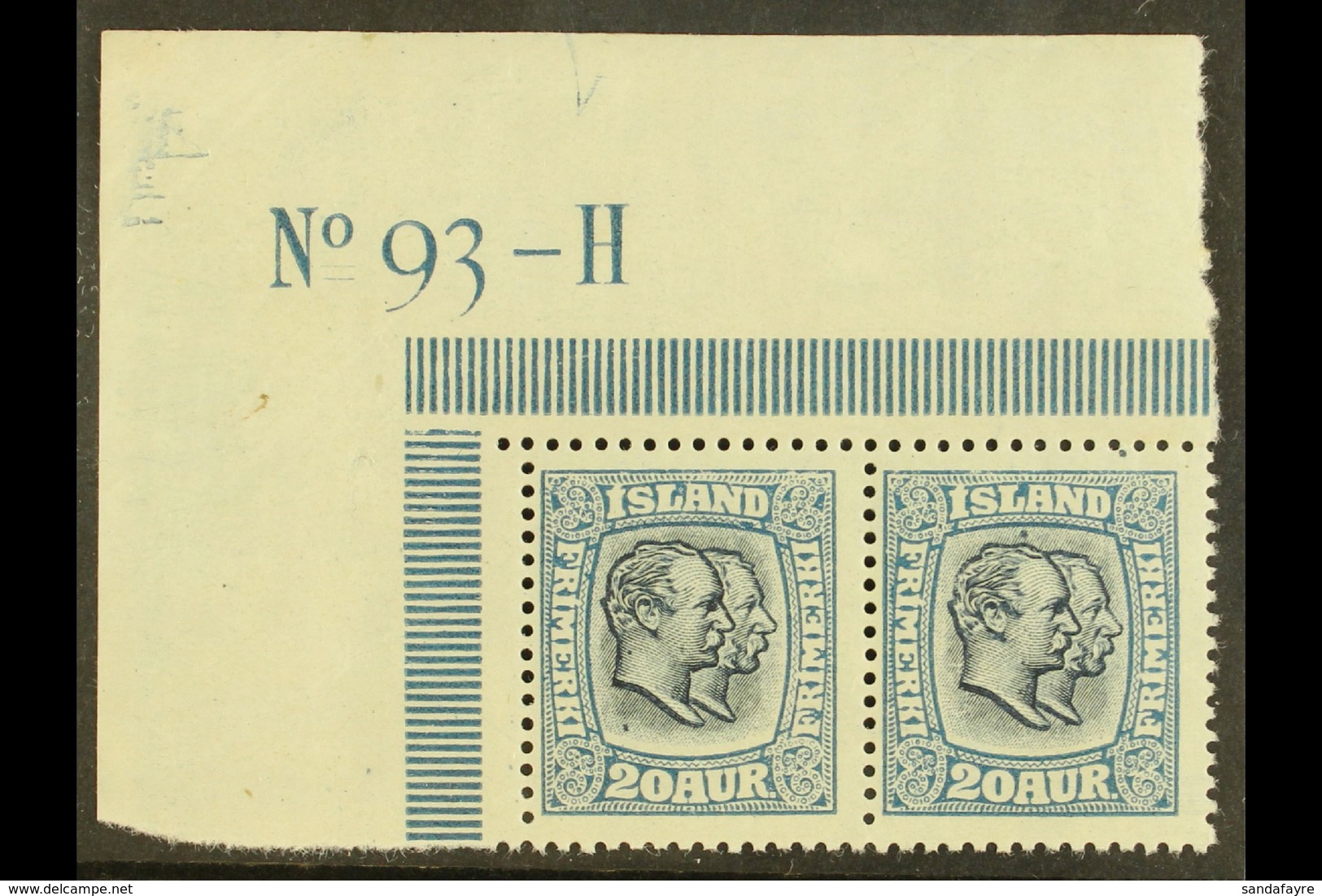 1914-18  20a Blue Kings (SG 115, Michel 82, Facit 97), Never Hinged Mint Top Left Corner Horiz PAIR With PLATE NUMBER 'N - Other & Unclassified