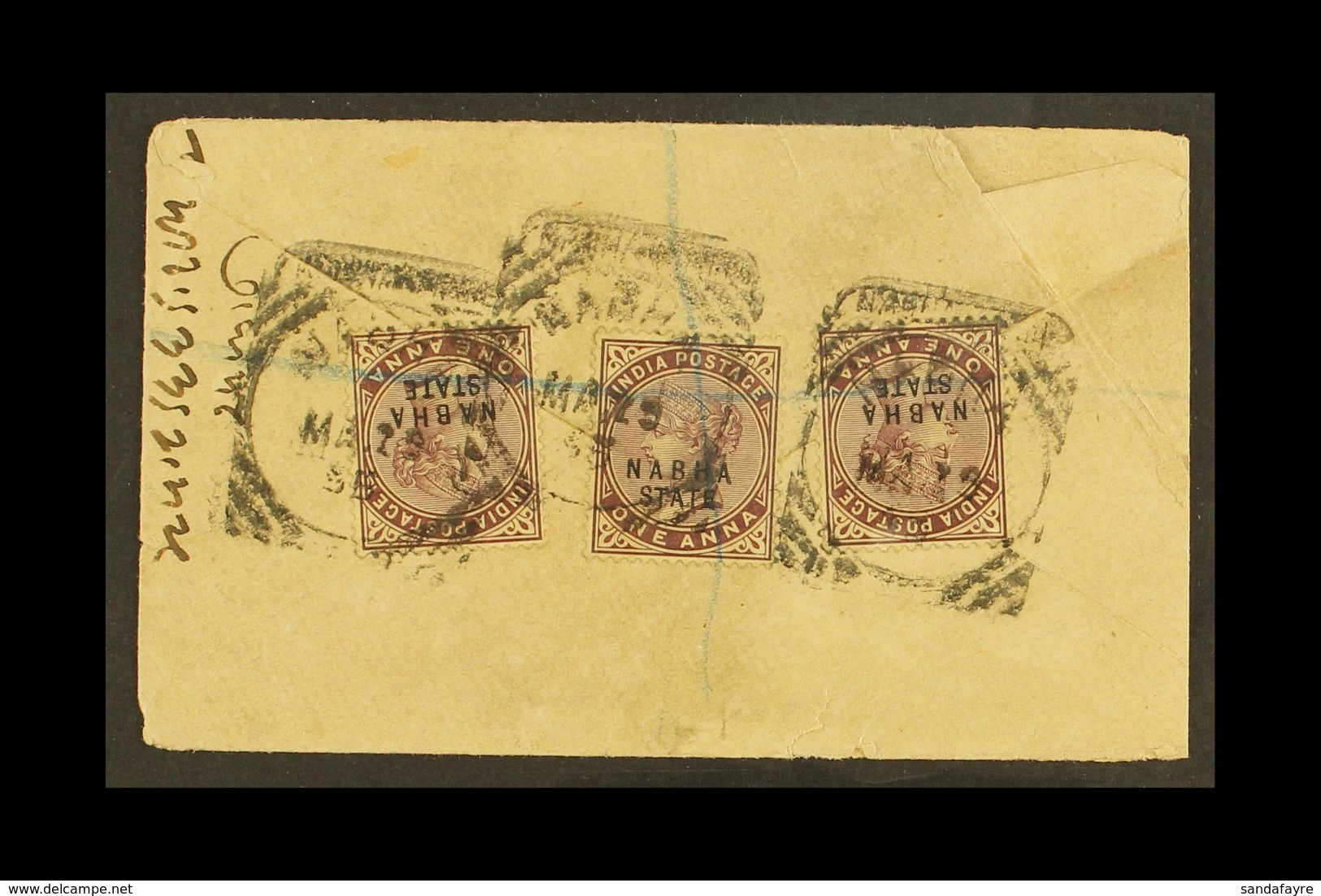 NABHA  1895 ½a Postal Stationery Envelope To Bombay Uprated (on Reverse) With QV 1a X 3. For More Images, Please Visit H - Autres & Non Classés