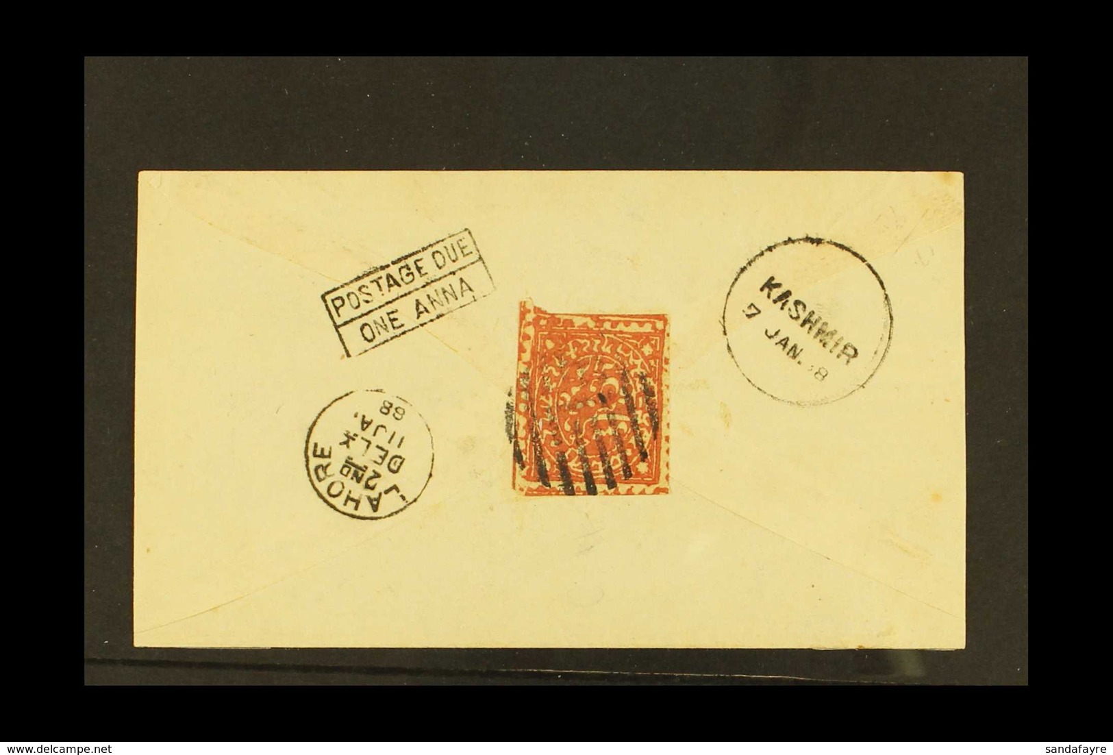 JAMMU & KASHMIR  1888 Cover From Jammu To Lahore Franked Jammu And Kashmir ½a Red, Underpaying The Postage With Fine Box - Andere & Zonder Classificatie