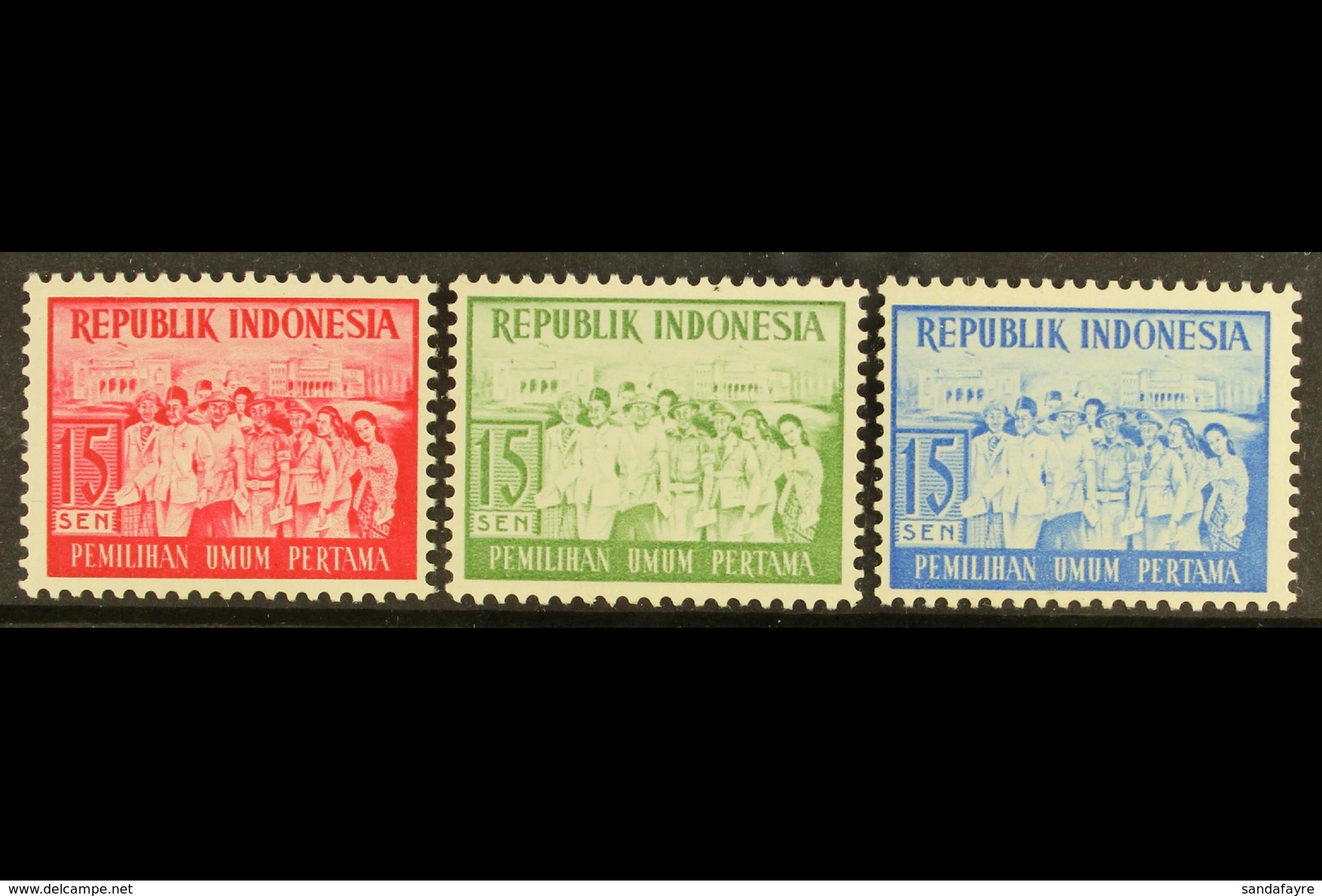 1955 RARE PROOFS.  15s Elections Perf PROOFS In Three Different Colours (red, Green & Blue) On Ungummed Paper, Catalogue - Indonésie