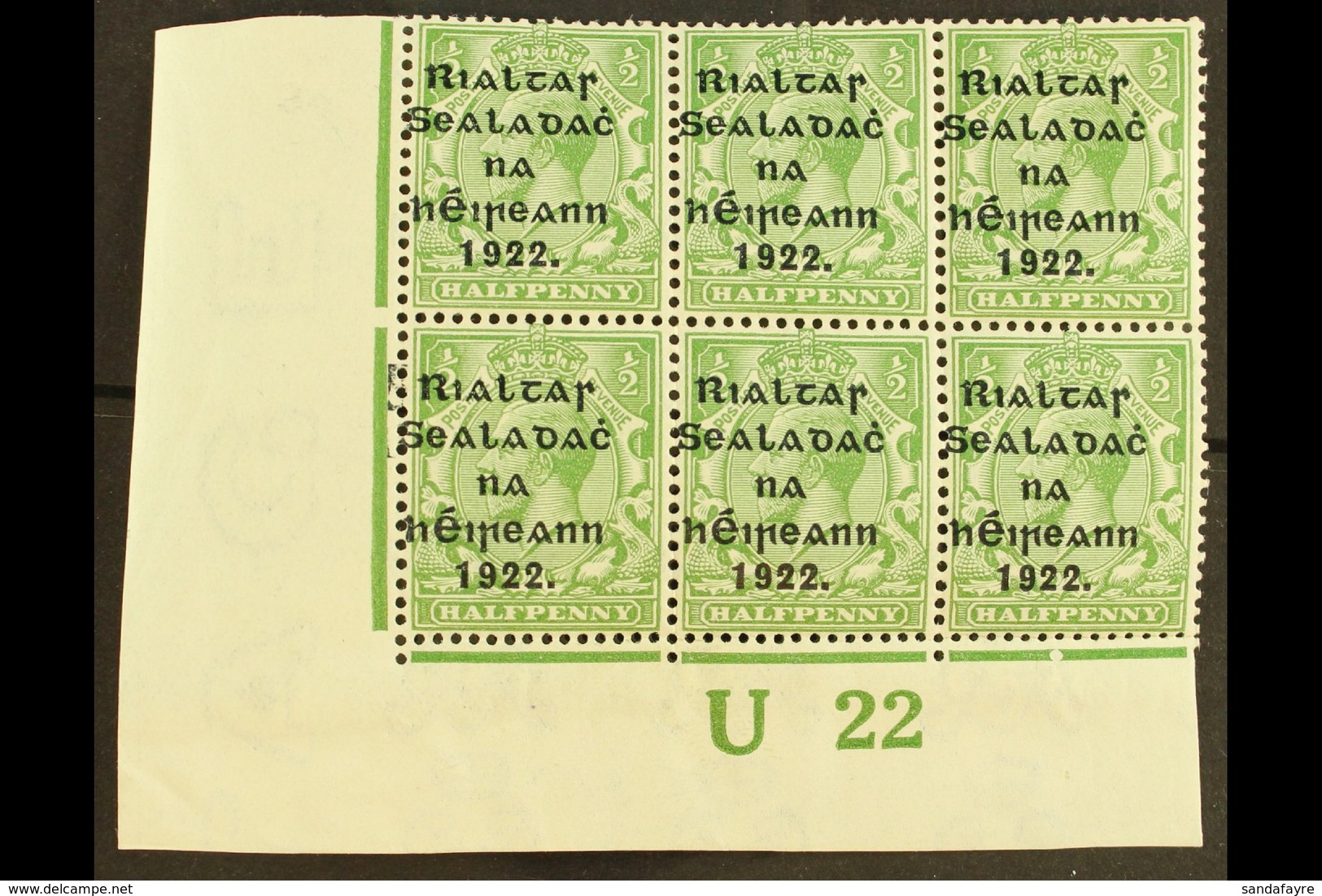 1922  Thom Wide Setting ½d Green, Lower Left Corner "U22" Plate Block Of Six, Showing Guide Blocks To Lower Left Stamp ( - Andere & Zonder Classificatie