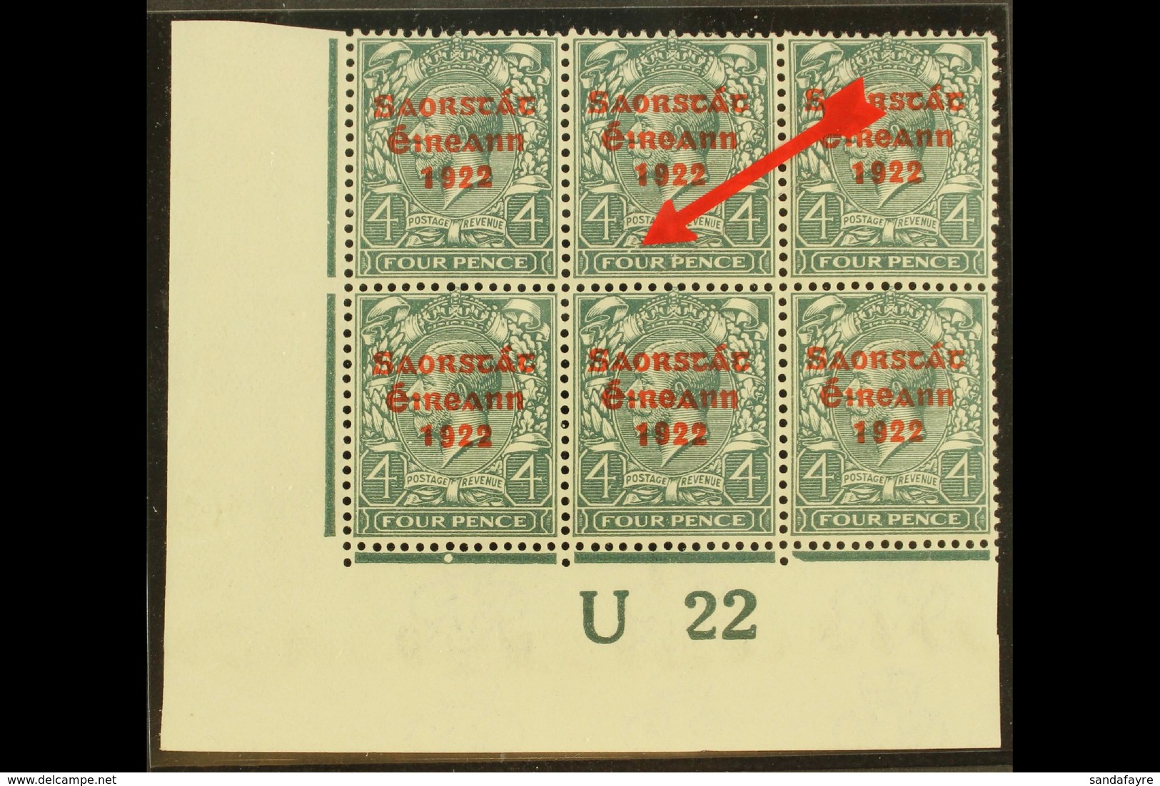 1922-23  4d Grey-green With Thom Three Line Overprint In Red, SG 58, With "BREAK OVER FOUR" Variety, Plate 1e,R19/2, Hib - Andere & Zonder Classificatie