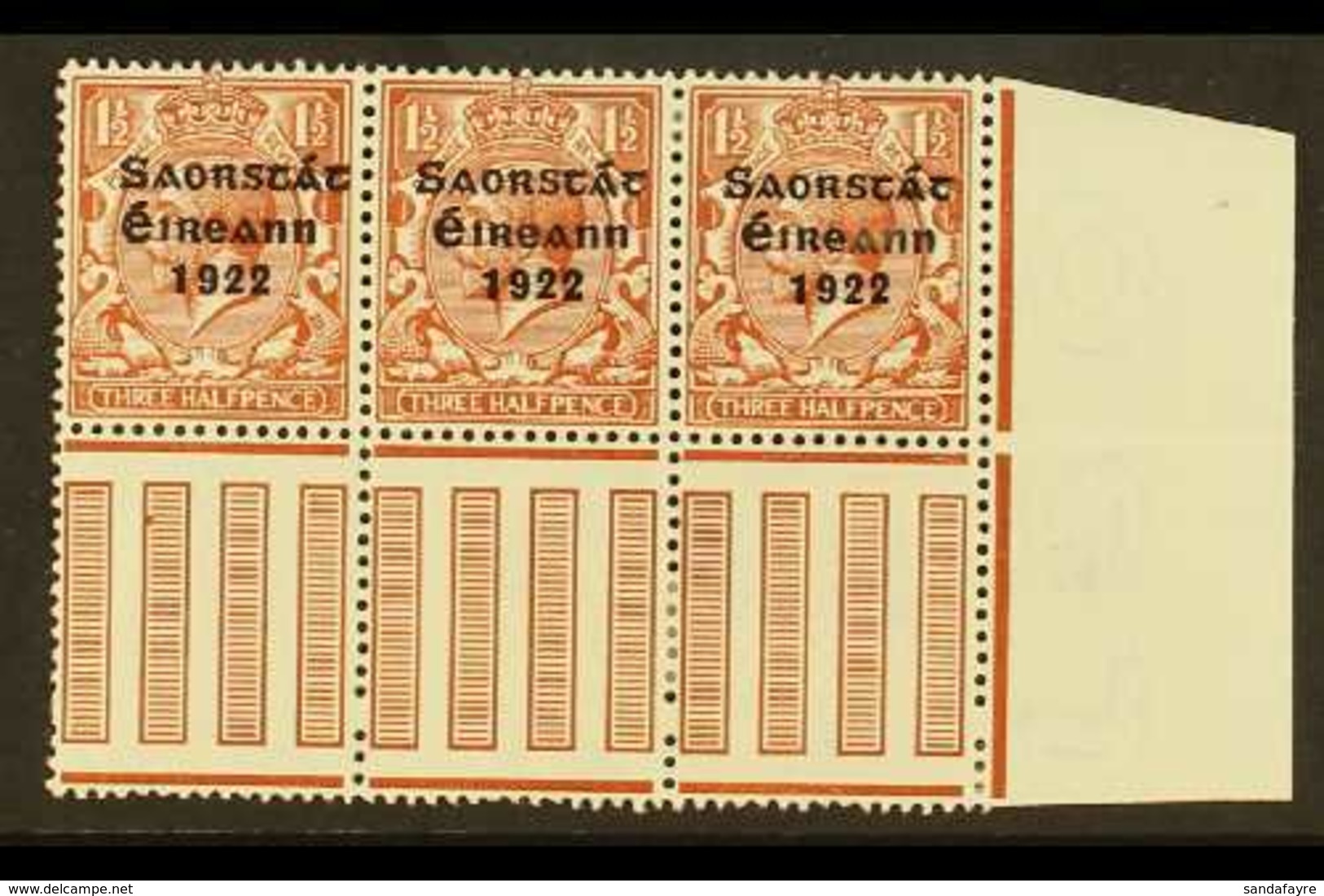 1922-23 VARIETY  1½d Brown (SG 54) Pane Marginal Corner Block Of 3, Incorporates "S Over E" Variety, Row 10, Column 10,  - Altri & Non Classificati