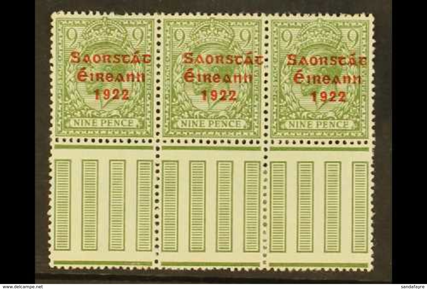1922-23 VARIETY  9d Olive Green, SG 61, Strip Of 3, incorporates "S Over E" Variety, Row 10, Column 10 - Setting 2, Hibe - Other & Unclassified