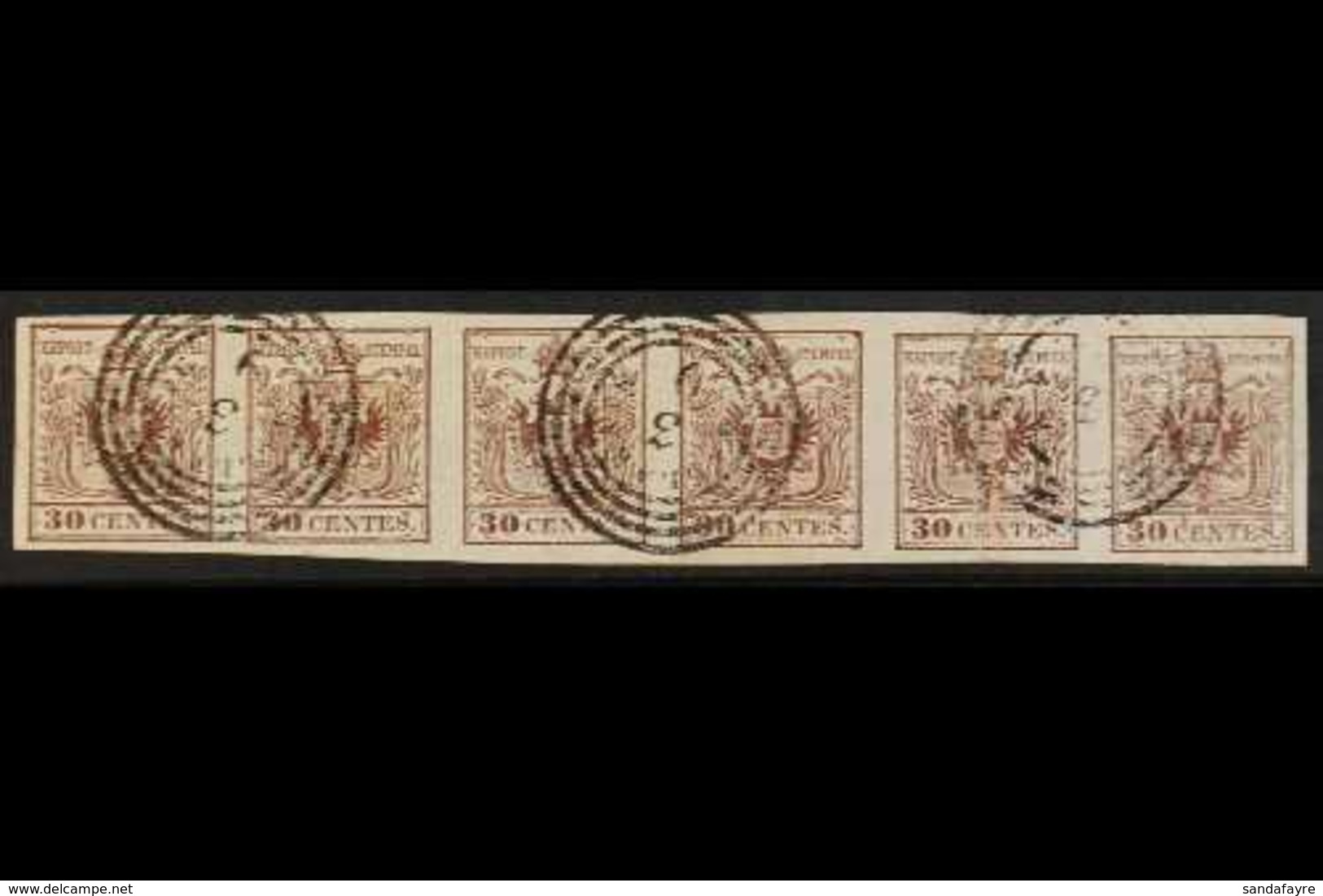 LOMBARDY-VENETIA  1850 30c Brown On Machine Made Paper, Sass 21 (Mi 4Y), Used HORIZONTAL STRIP OF 6! 5th Stamp With Pres - Sin Clasificación