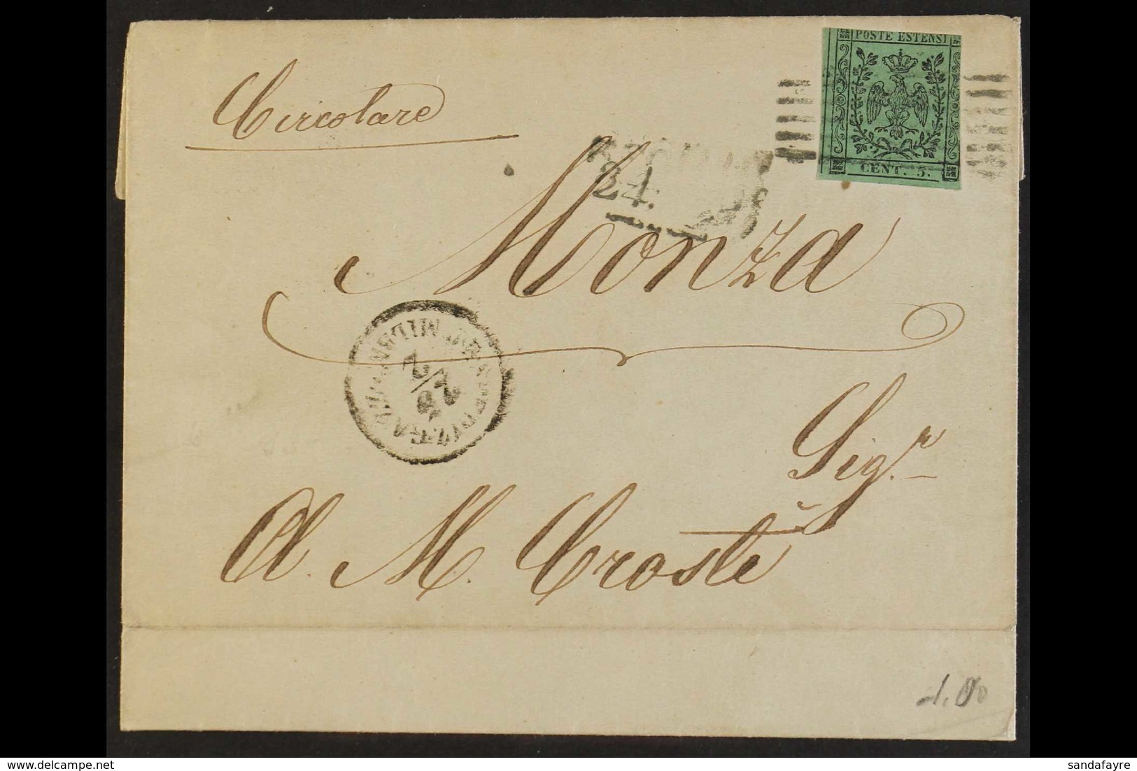 MODENA  1852 5c Green (with Stop) On Cover Tied By Provisional Govt Cancellation For More Images, Please Visit Http://ww - Zonder Classificatie