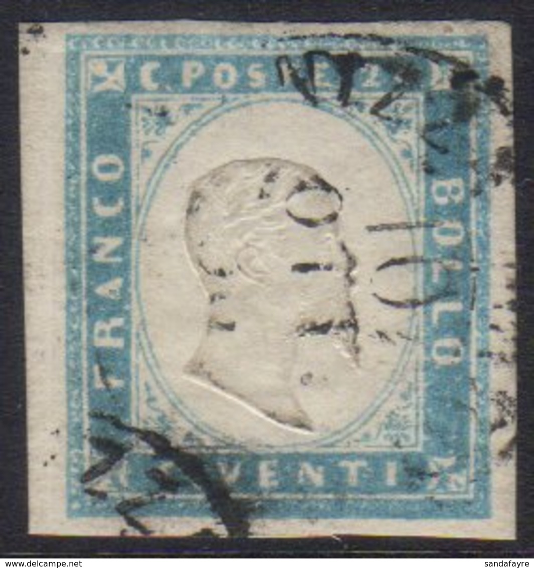 SARDINIA  1855 20c Cobalto Latteo Chiaro, Sassone 15c, Fine Used, Four Large Margins, Signed & Shade Identified By Soran - Non Classés