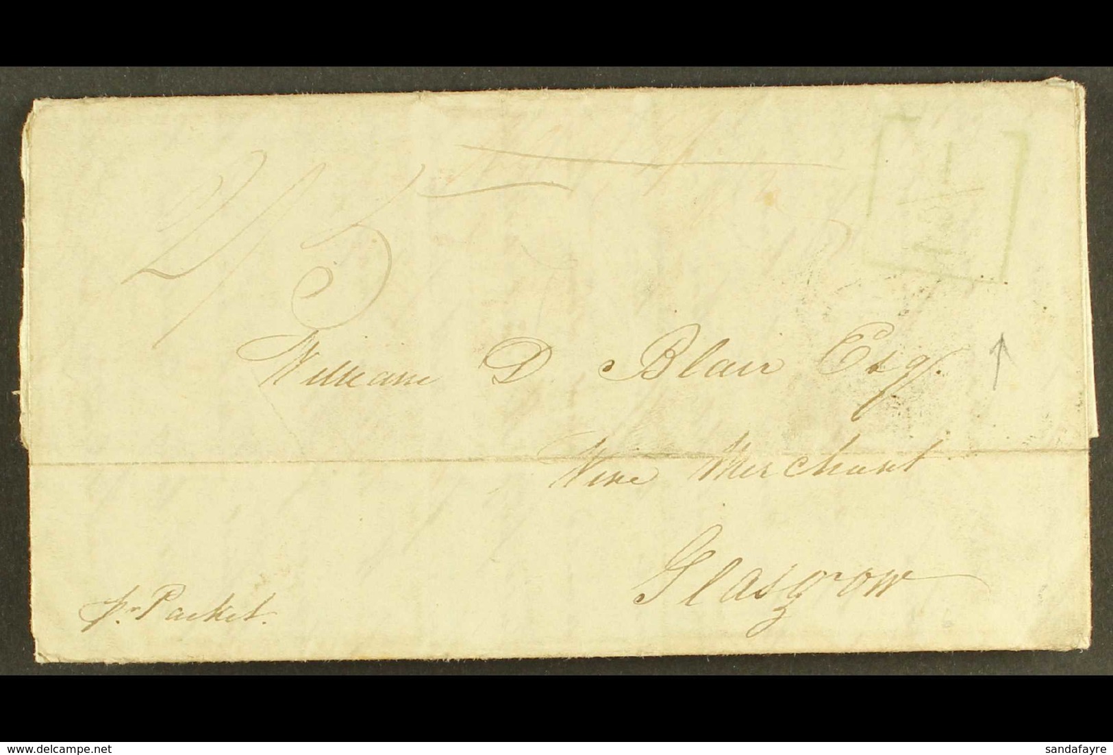 1834 JAMES BLAIR PLANTATION LETTER,  MOUNT ZION, ST ELIZABETH TO SCOTLAND, ADDITIONAL "½" MARK & KINGSTON CDS  (June) Le - Jamaica (...-1961)