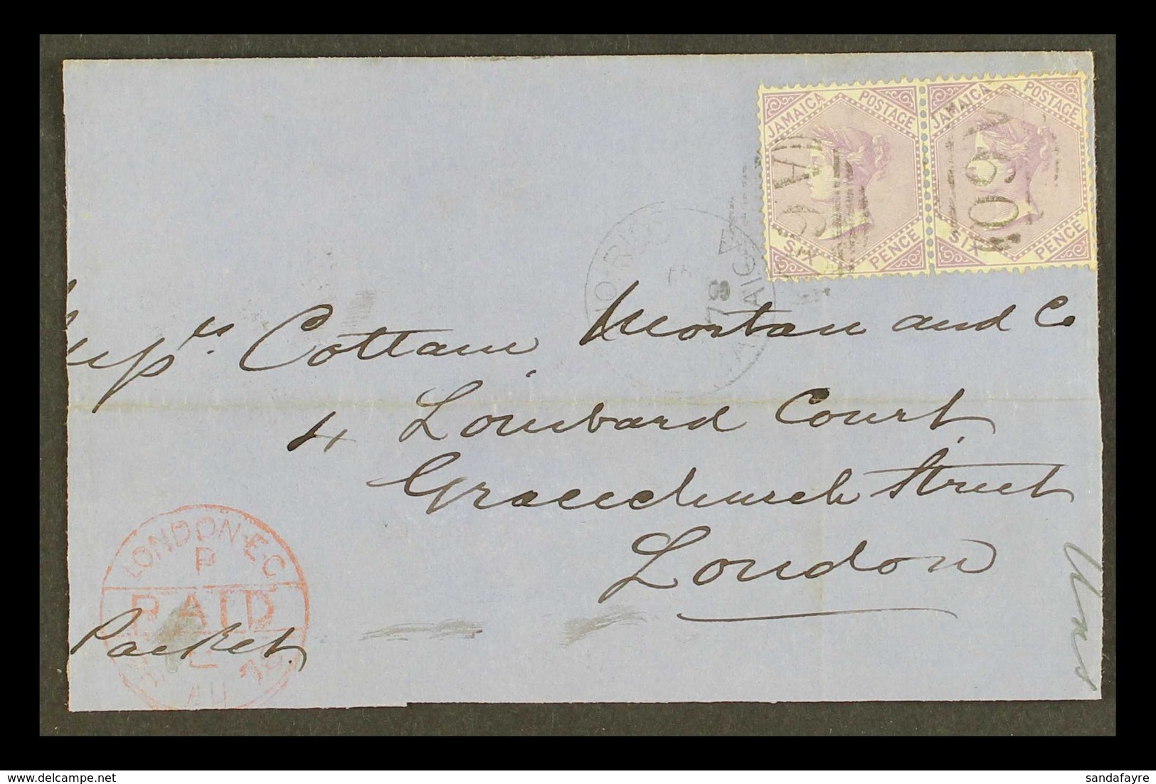 1878  (Aug) Envelope Large Part Front & Back To London, Bearing 6d Pair Tied A60 Cancels, Ocho Rios Cds Alongside And On - Jamaica (...-1961)