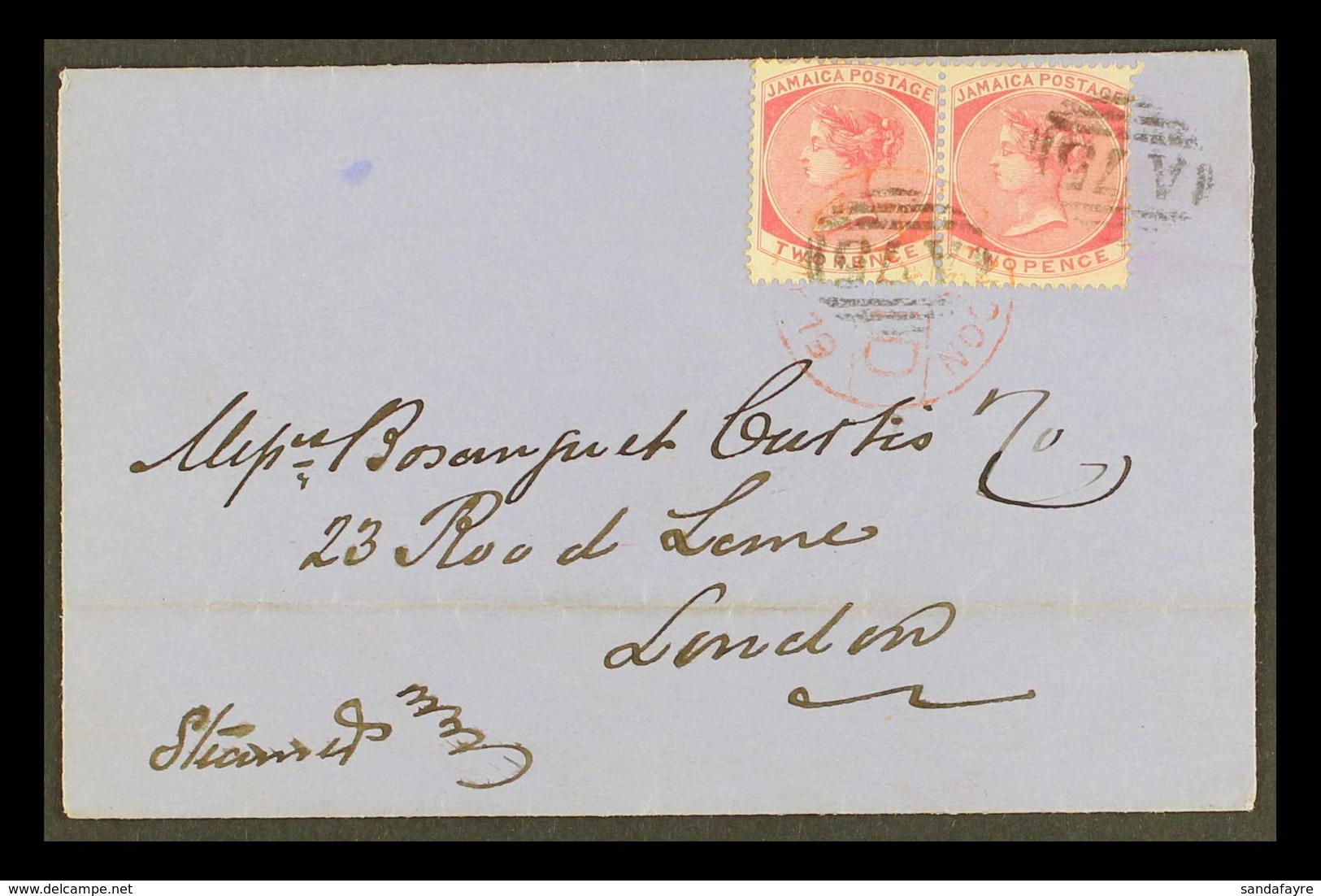 1879  (May) Neat Outer Wrapper To London, Bearing 2d Pair Tied A75 Cancels, Savannah La Mar And Kingston Cds's On Revers - Jamaica (...-1961)