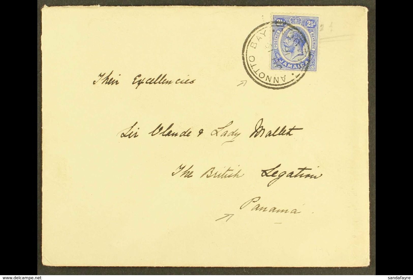 1916  (June) Envelope To Sir Claude & Lady Mallet, The British Legation, Panama, Bearing 2½d Tied Annotto Bay Cds, Panam - Jamaica (...-1961)