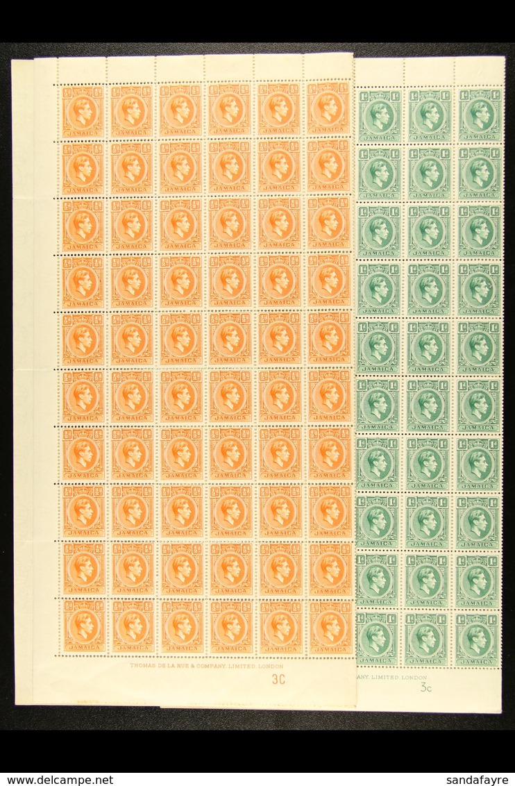 1951  KGVI Definitive ½d Orange (SG 121b) And 1d Blue-green (SG 122a) In Never Hinged Mint COMPLETE SHEETS OF 120. Cat £ - Jamaïque (...-1961)