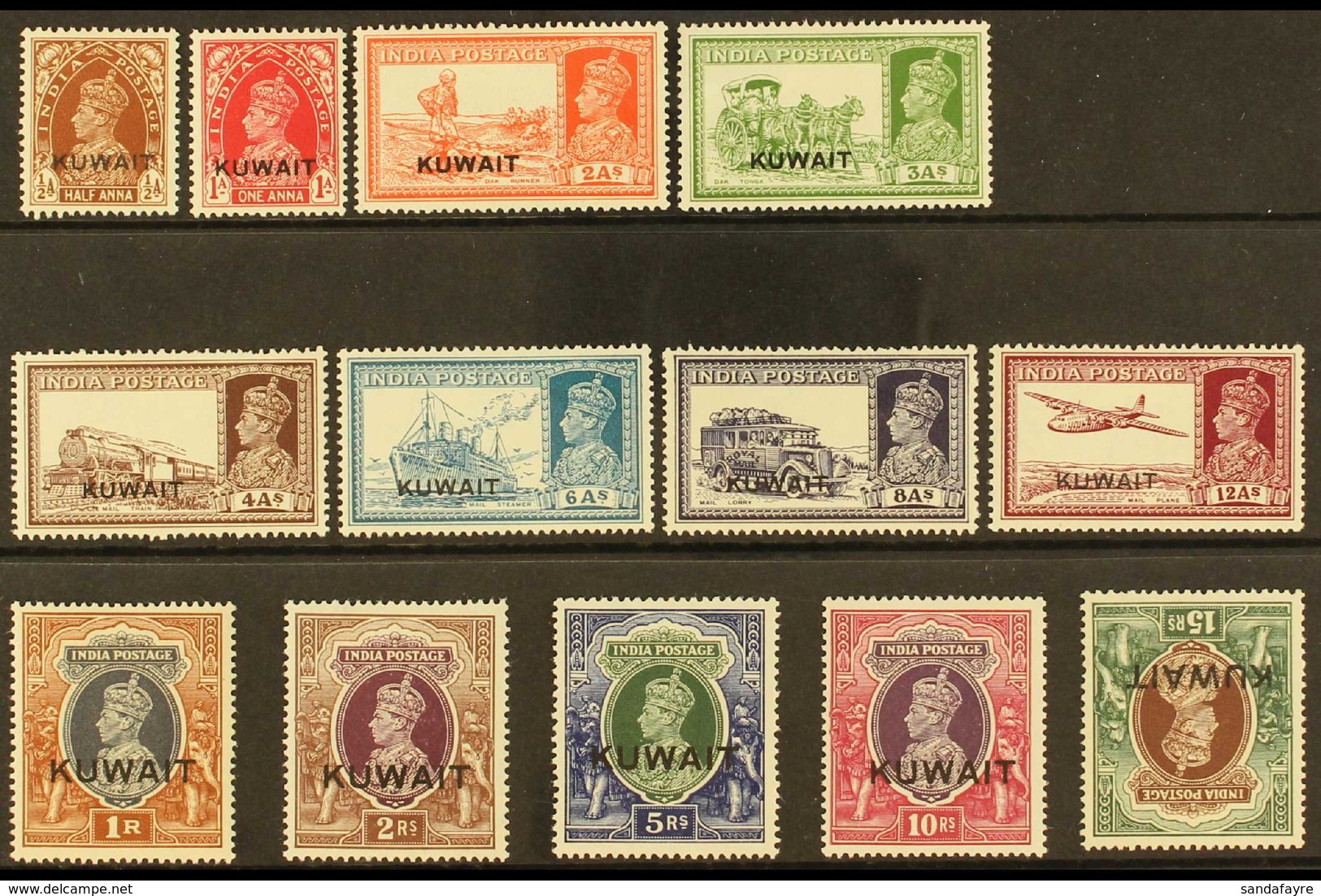 1939  KGVI Opt'd "Kuwait" Definitive Set, SG 36/51w, Fine Mint, 15r With Inverted Watermark & Light Gum Bend (13 Stamps) - Koweït