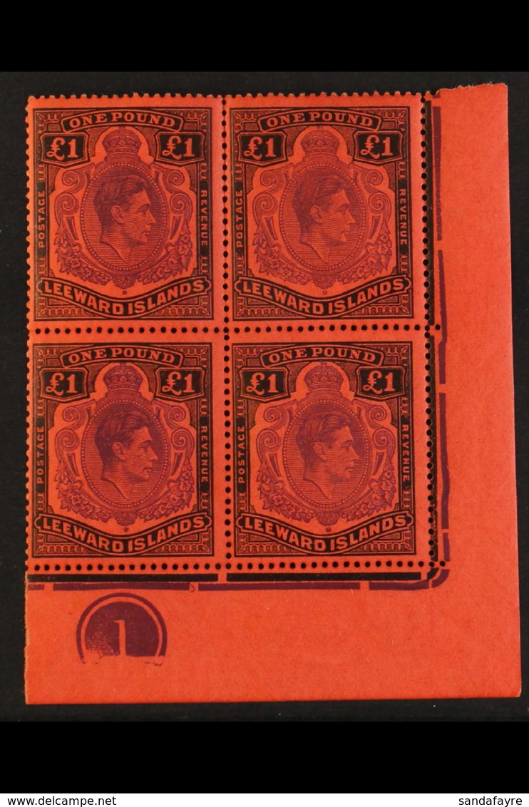 1938-51  £1 Violet & Black/scarlet - Perf 13, SG 114c, Never Hinged Mint Corner Control Block Of 4. Lovely (4 Stamps) Fo - Leeward  Islands