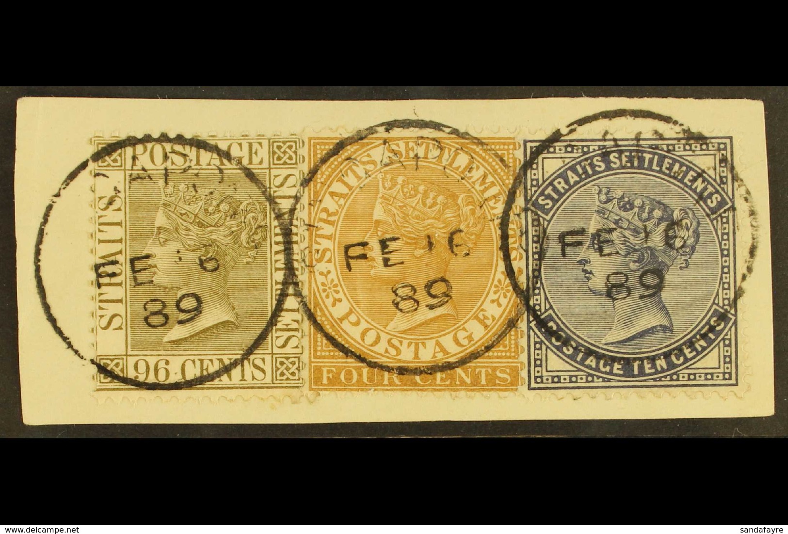 1883  4c Pale Brown, 10c Slate And 96c Olive Grey, SG 53, 64, 71 Superb Used On Piece. Pretty. For More Images, Please V - Straits Settlements