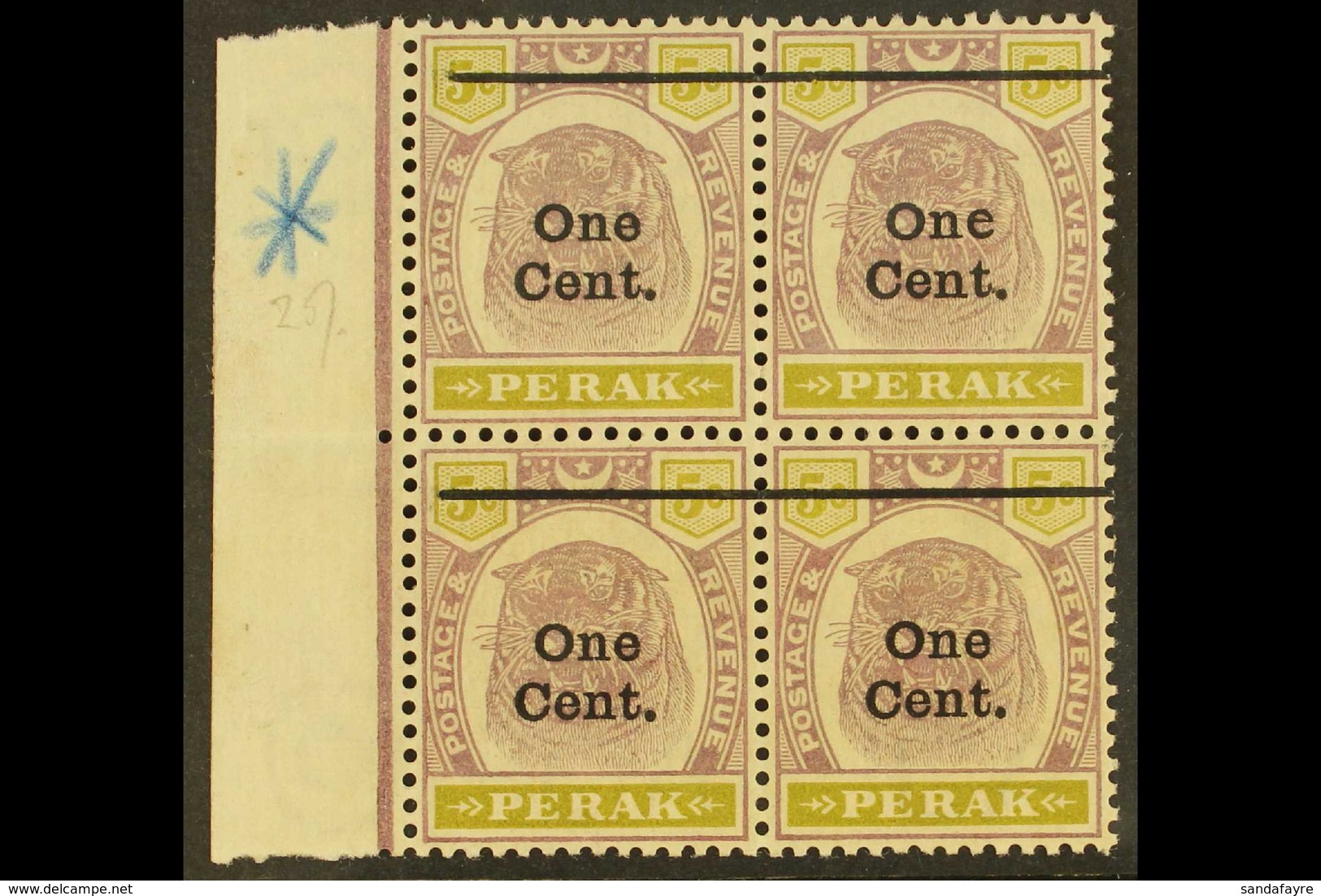 PERAK  1900 1c On 5c Dull Purple And Olive, Marginal Block Of 4, One Showing Variety "Antique E", SG 83, 83a, Very Fine  - Andere & Zonder Classificatie