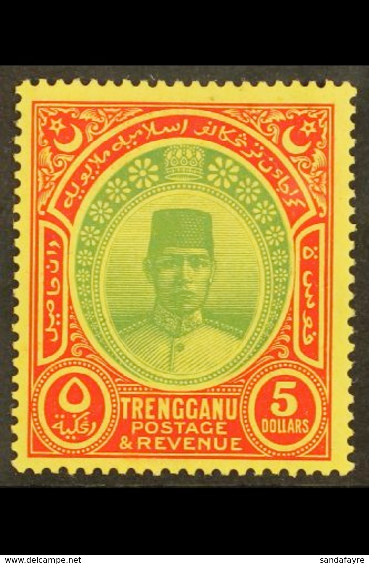 TRENGGANU  $5 Green And Red On Yellow, Wmk Script CA, Sultan Suleiman, SG 44, Very Fine And Fresh Mint. Scarce Stamp. Fo - Otros & Sin Clasificación