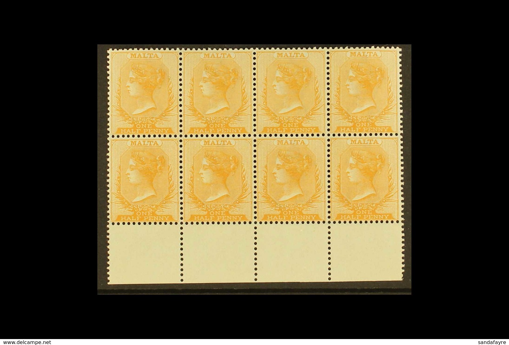 1882-84  ½d Red-orange, SG 19, Superb Never Hinged Mint Lower Marginal BLOCK Of 8 (4x2), Very Fresh & Attractive. (8 Sta - Malta (...-1964)