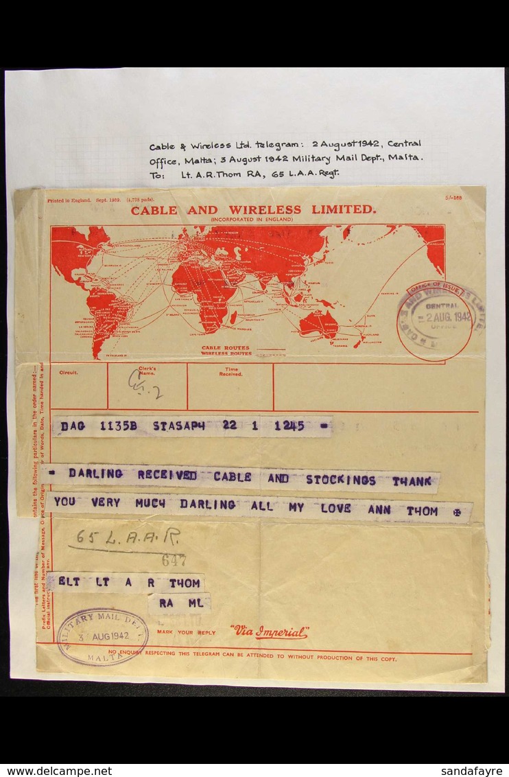 MILITARY TELEGRAMS  1942-43 "Cable And Wireless" Telegram Forms From Great Britain To Personnel Stationed In Malta, Scar - Malta (...-1964)
