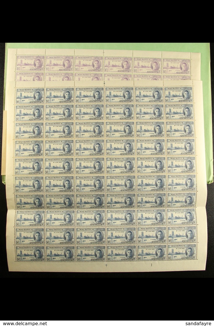 1946  Victory Set, SG 264/65, In COMPLETE SHEETS OF SIXTY, Never Hinged Mint. The 20c Sheet With "Flag On Tower" Variety - Mauritius (...-1967)