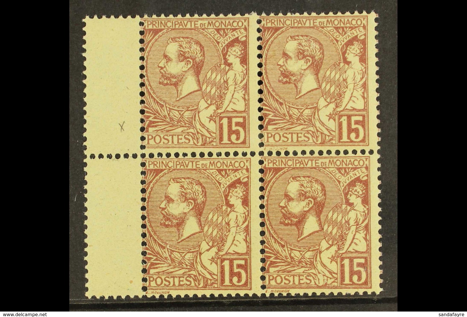 1901  15c Purple-brown On Yellow Prince Albert With IMPRINT OMITTED Variety, Maury 24a, In Nhm Block With 3 Normal Stamp - Andere & Zonder Classificatie