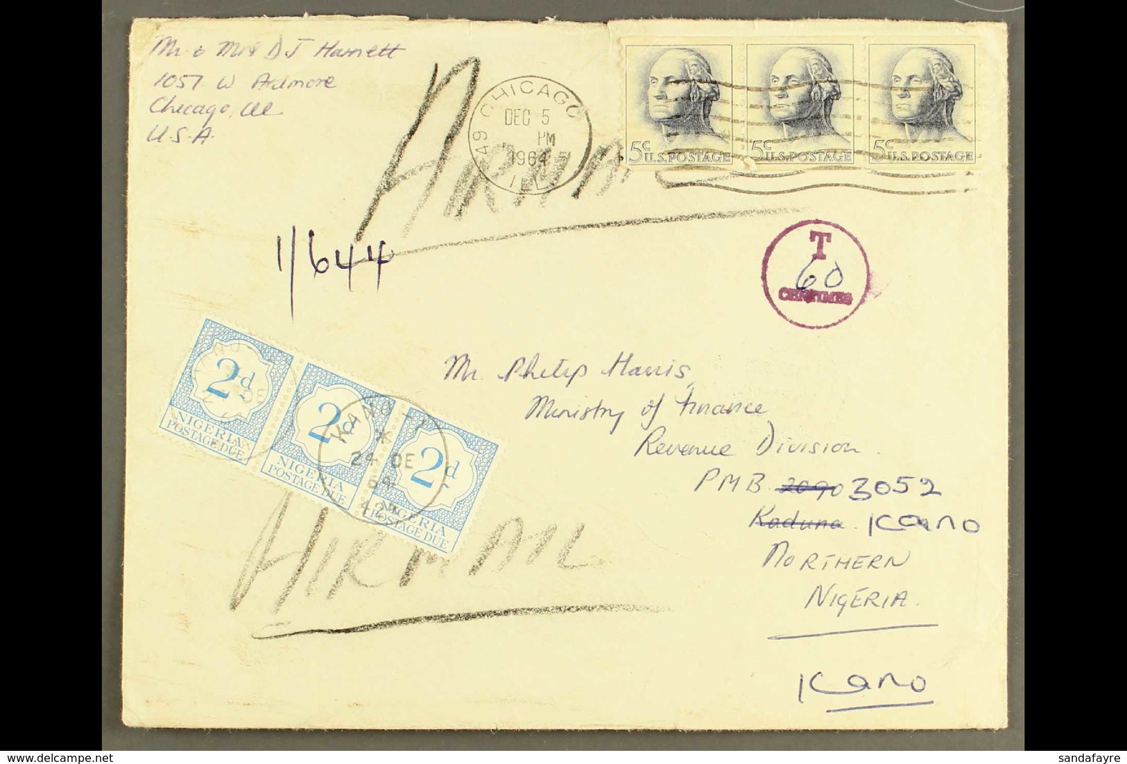 1964  (5 Dec) Env Hand-endorsed "Airmail" From Chicago To Kano, Northern Nigeria Bearing A Strip Of Three USA 5c Stamps  - Nigeria (...-1960)