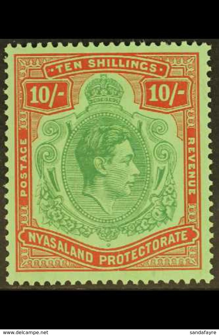1938-44  10s Bluish Green & Brown-red On Pale Green, Ordinary Paper, SG 142a, Very Fine Mint. For More Images, Please Vi - Nyassaland (1907-1953)