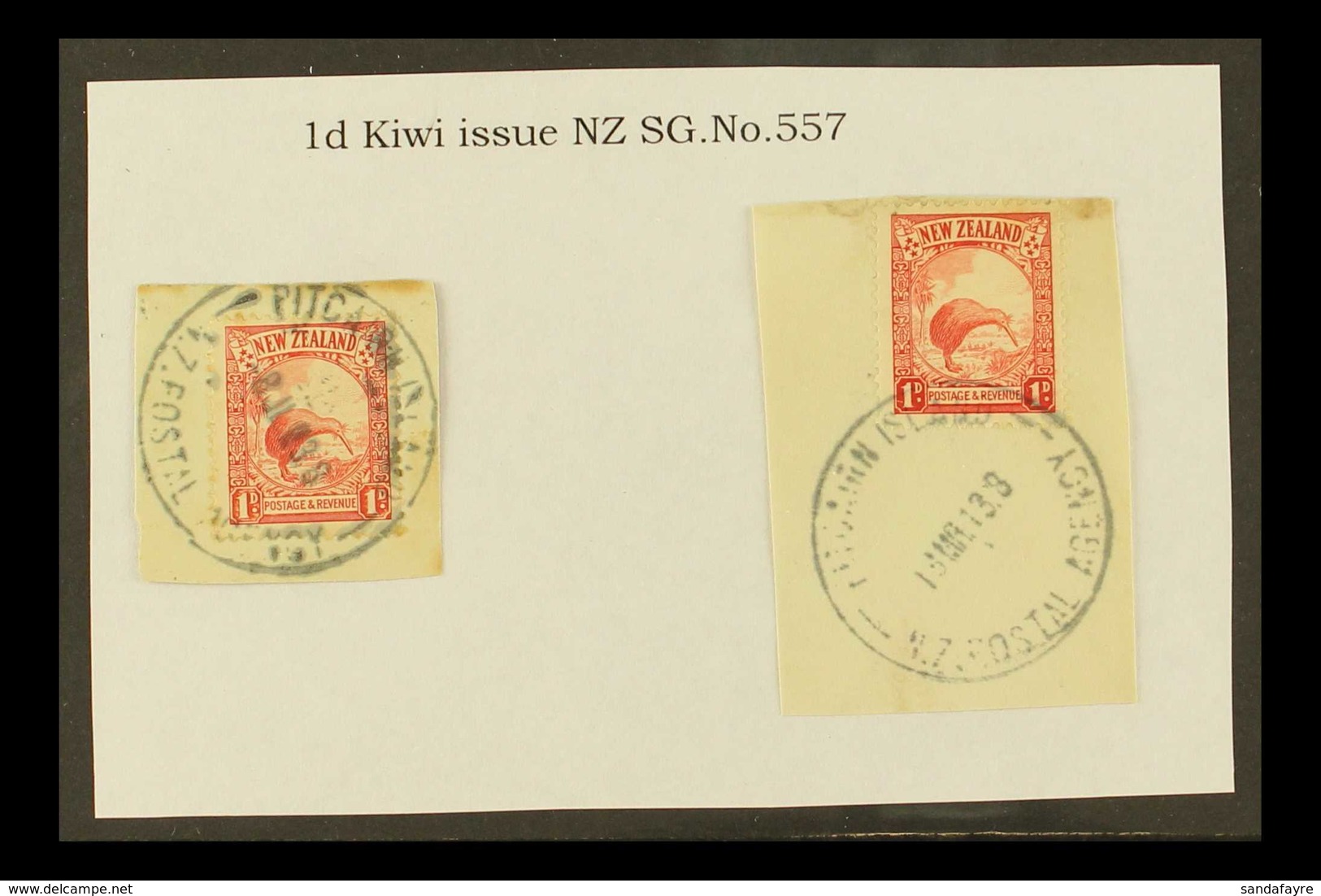 1935  1d Scarlet Kiwi Of New Zealand, Two Stamps On Pieces And Tied By Full Or Near Full "PITCAIRN ISLAND" Cds Cancels,  - Pitcairn