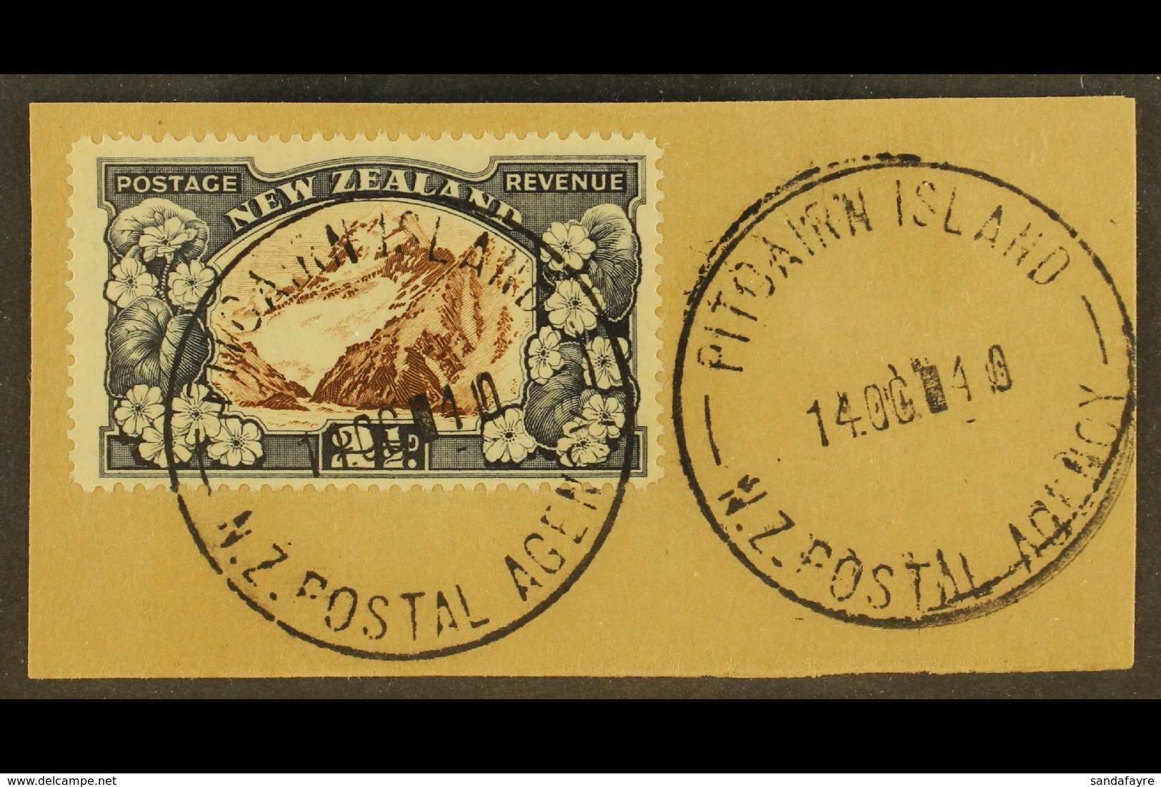 1935  2½d Chocolate And Slate Pictorial Of New Zealand, On Piece Tied By Fine Full "PITCAIRN ISLAND" Cds Cancels Of 14 O - Pitcairneilanden