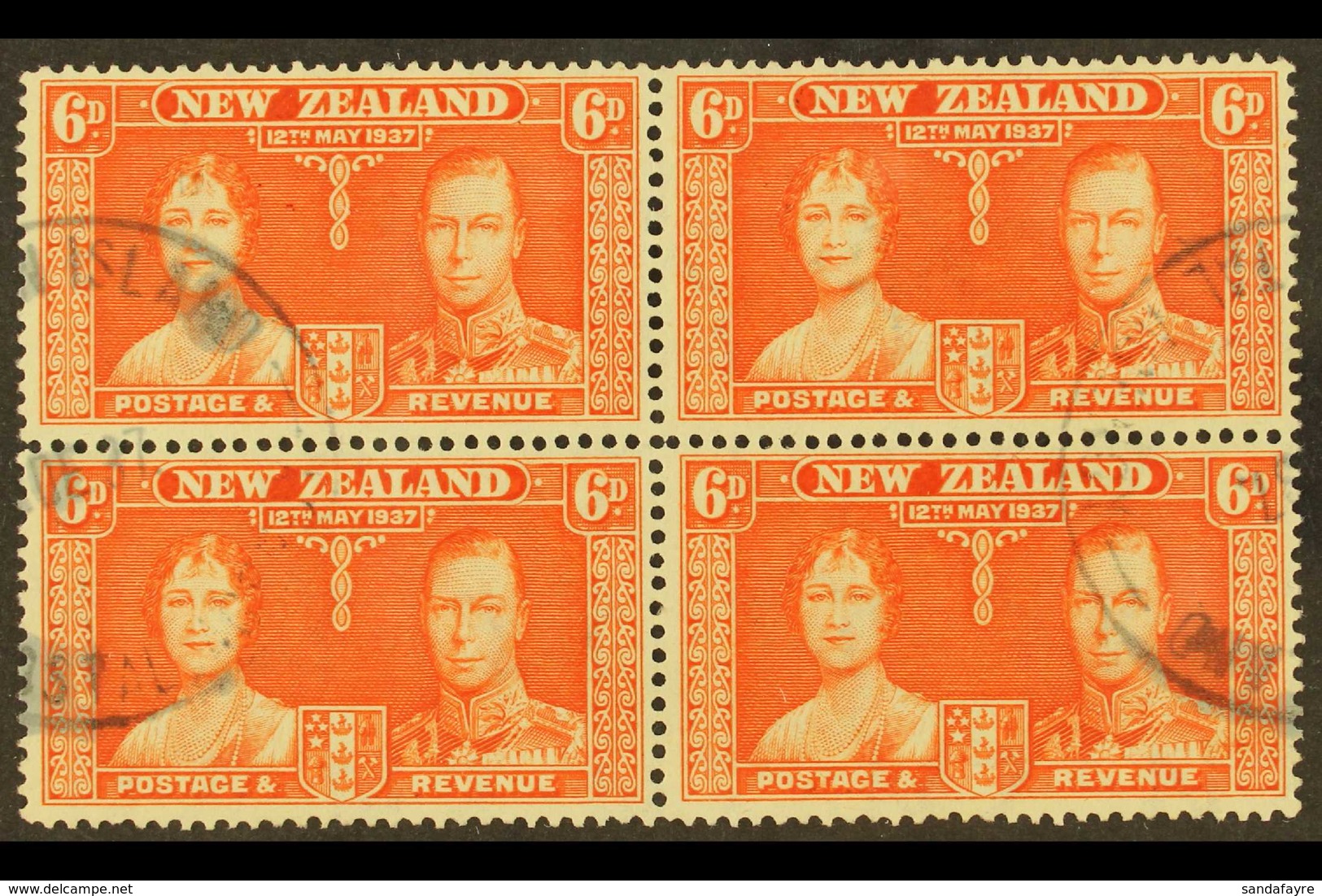 1937  6d Red-orange Coronation Of New Zealand, A Fine Used Block Of Four Showing Two Part "PITCAIRN ISLAND" Cds Cancels  - Pitcairneilanden