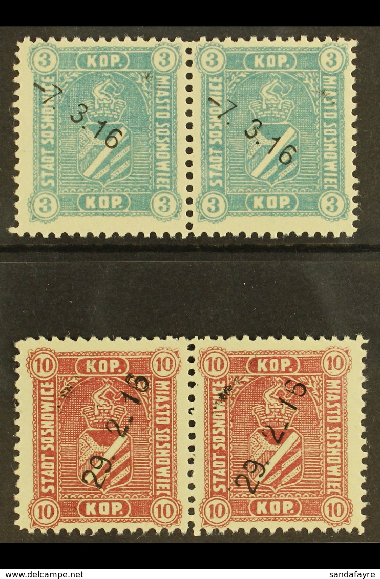 SOSNOWICE (SOSNOWIEC)  1916 Local Stamps Set (Michel 1/2, Barefoot 1/2), Very Fine Used Horizontal PAIRS, Fresh. (2 Pair - Andere & Zonder Classificatie
