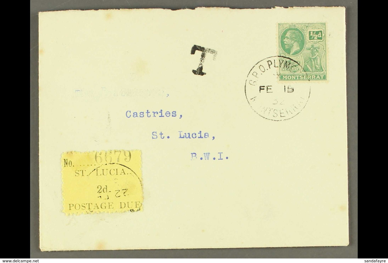 1932 POSTAGE DUE  Inward Envelope From Montserrat, Bearing ½d Tied By Plymouth Cds, Postage Due 2d Black On Yellow D2 Ap - St.Lucia (...-1978)
