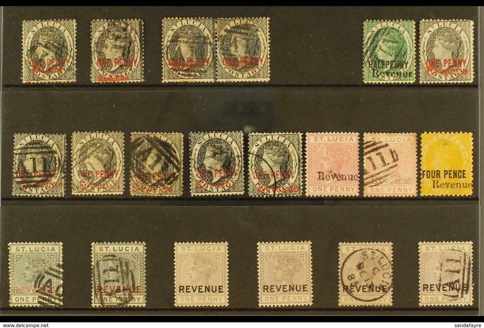 POSTAL FISCAL STAMPS  1883-1885 (SG F21/28) Mint, Unused & Used Selection On A Stock Card. Includes 1883 1d X4 (11mm Opt - Ste Lucie (...-1978)