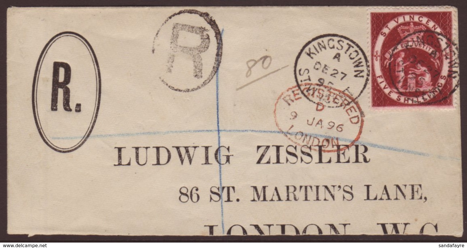 1888  5s Brown Lake SG 53a, Tied Kingston Cds On Large Part Envelope Registered To London.  For More Images, Please Visi - St.Vincent (...-1979)