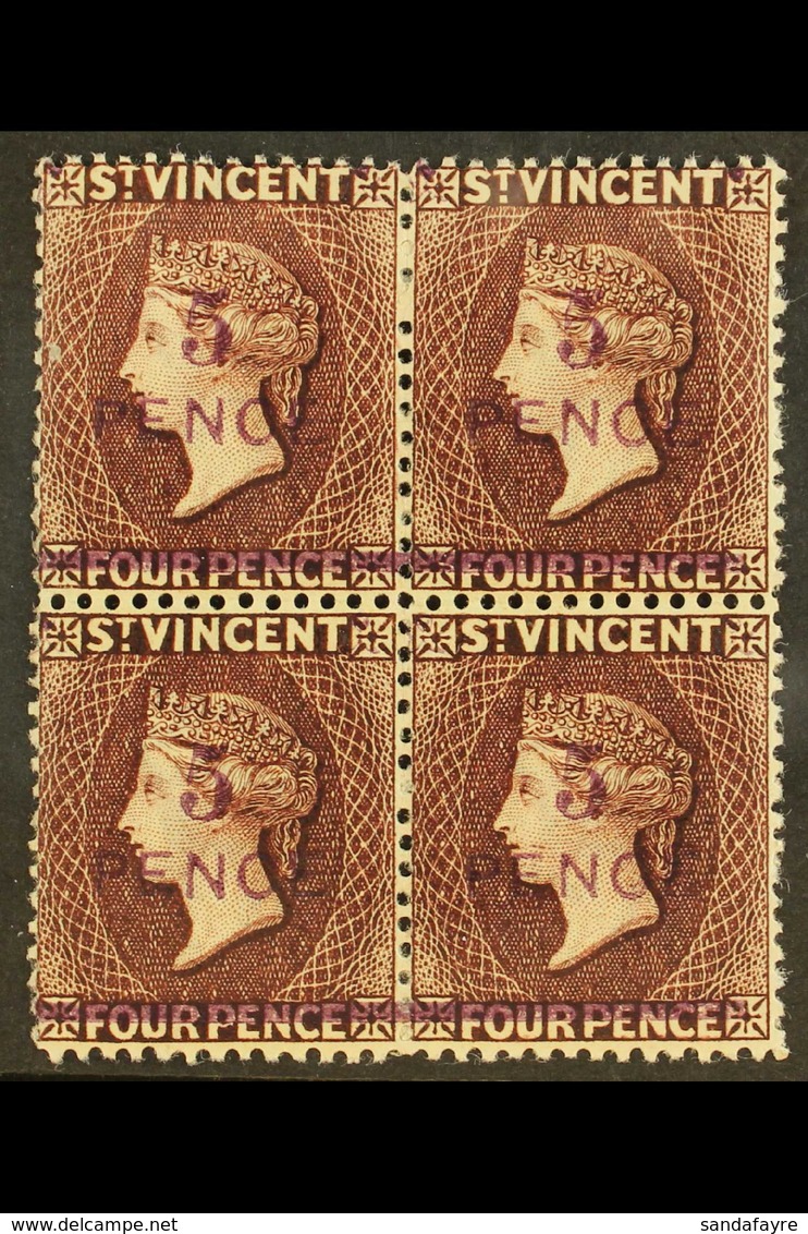 1892  5d On 4d Chocolate, SG 59, Very Fine Mint BLOCK OF FOUR, The Two Lower Stamps Never Hinged. For More Images, Pleas - St.Vincent (...-1979)