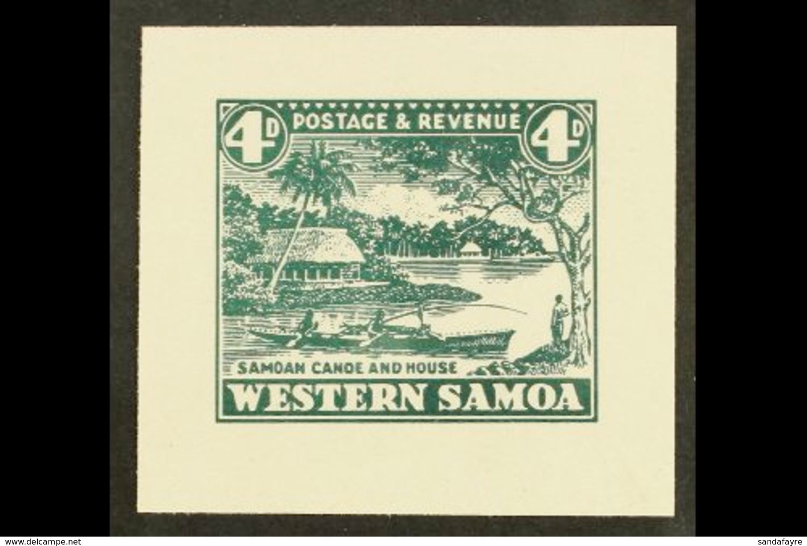 1935 PICTORIAL DEFINITIVE ESSAY  Collins Essay For The 4d Value In Dark Green On Thick White Paper, The "Samoan Canoe An - Samoa