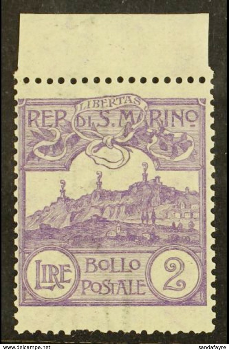 1903  2L Violet Mt Titano (SG 50, Sass 44, Scott 72) Mint Upper Marginal Example, Short Perf At Base. For More Images, P - Autres & Non Classés