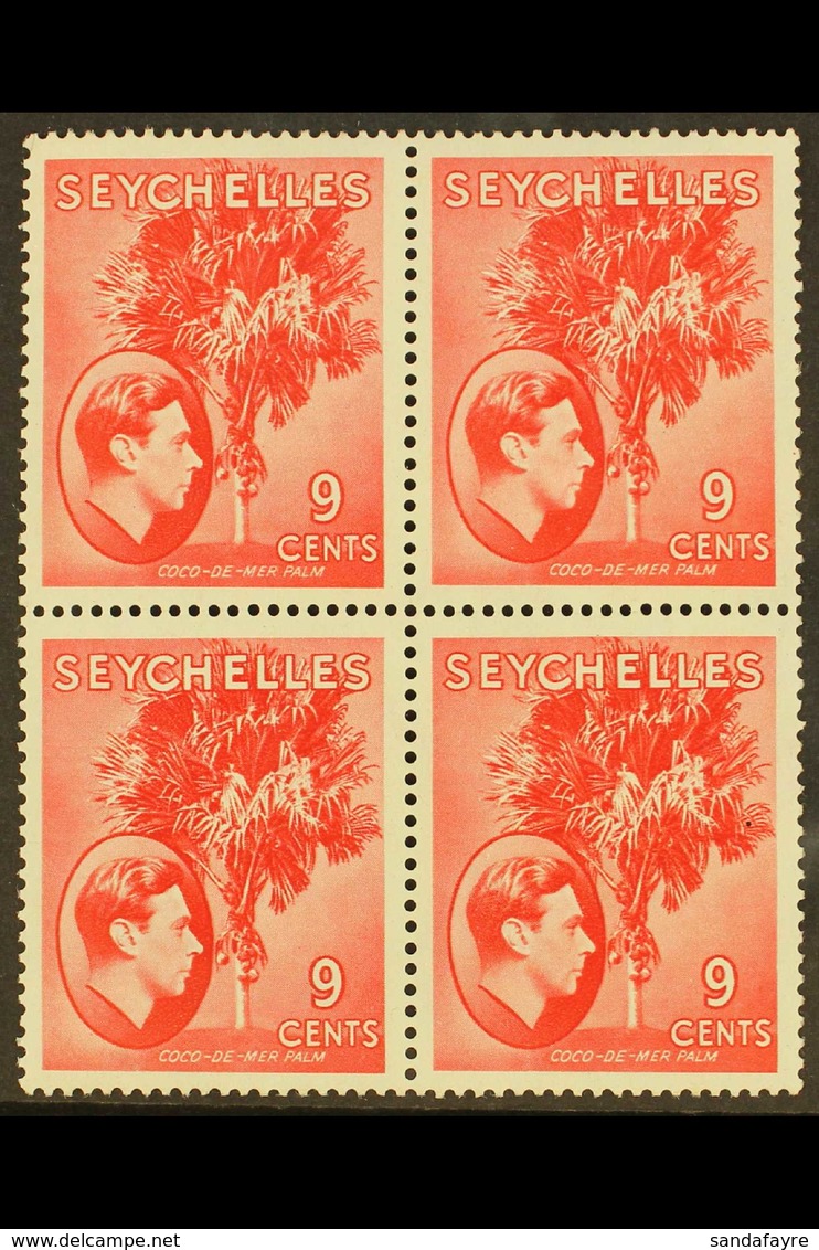 1938-49 NHM MULTIPLE  9c Scarlet On Chalky Paper, SG 138, Block Of 4, Never Hinged Mint. Lovely, Post Office Fresh Condi - Seychellen (...-1976)